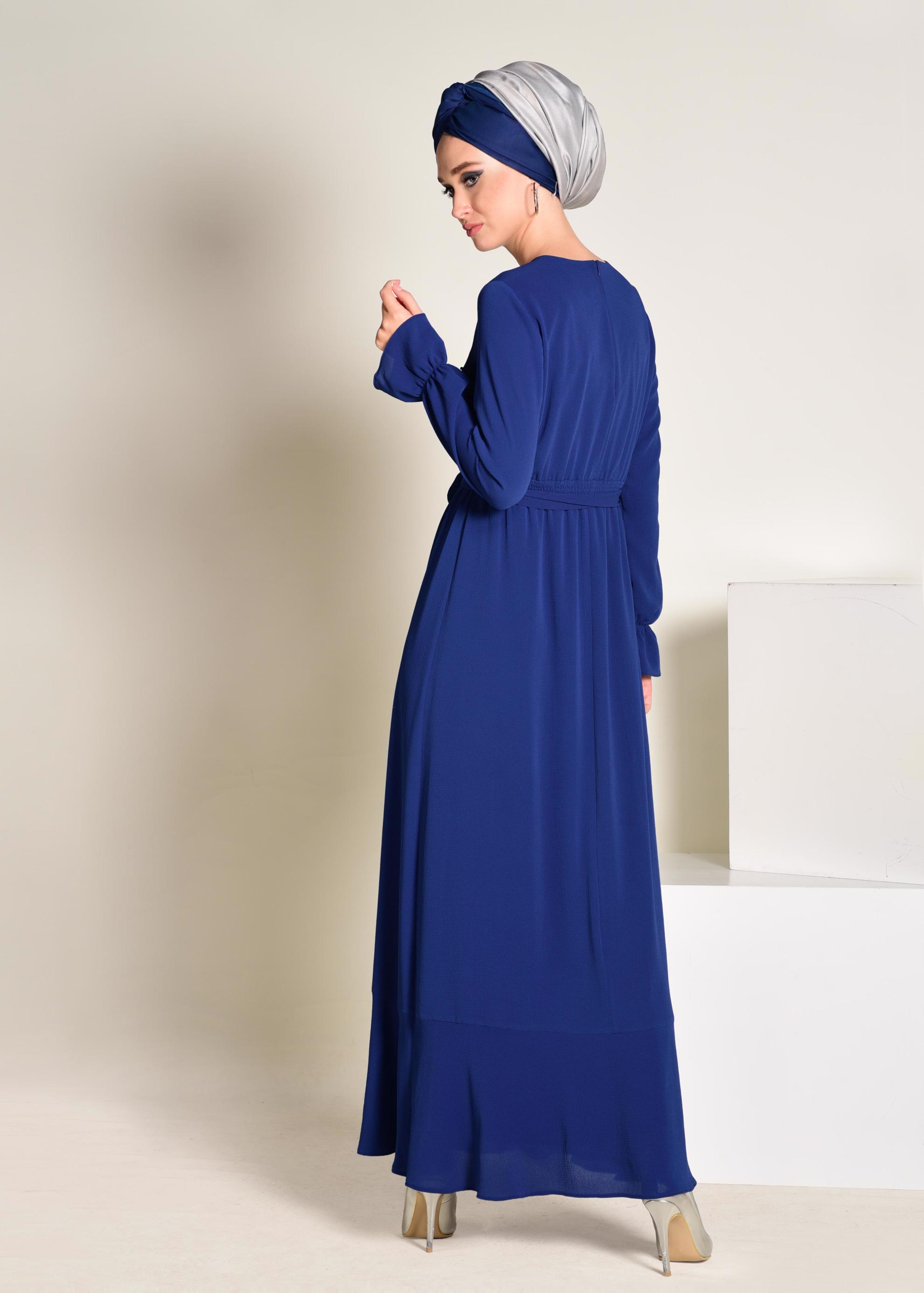 Hijab clothing NAVY BLUE Pearl Detail Belted Dress 4309 
