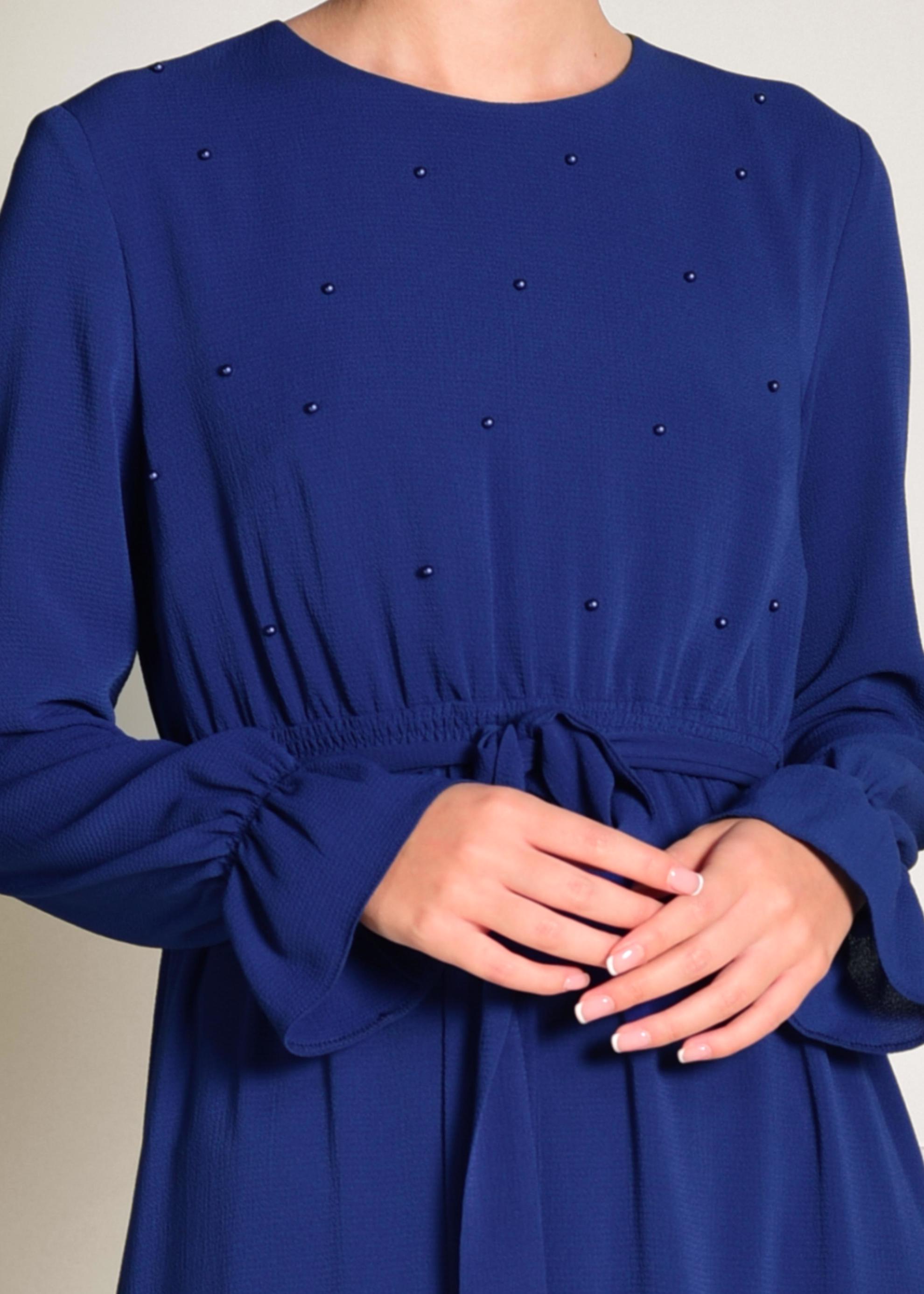 Hijab clothing NAVY BLUE Pearl Detail Belted Dress 4309 