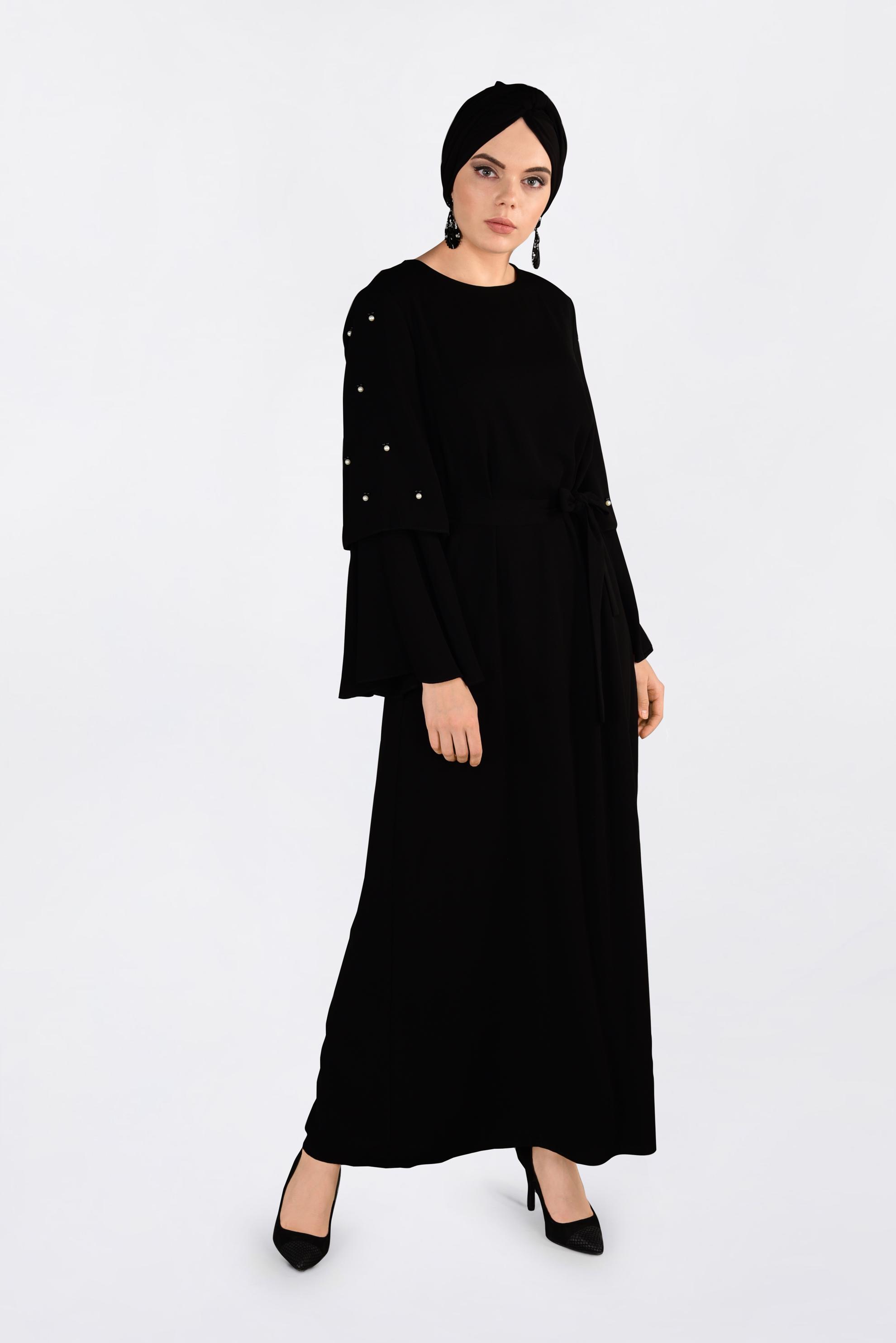 Tesettür giyim SİYAH GENİŞ KOLLU BONCUKLU SALAŞ ELBİSE 4310