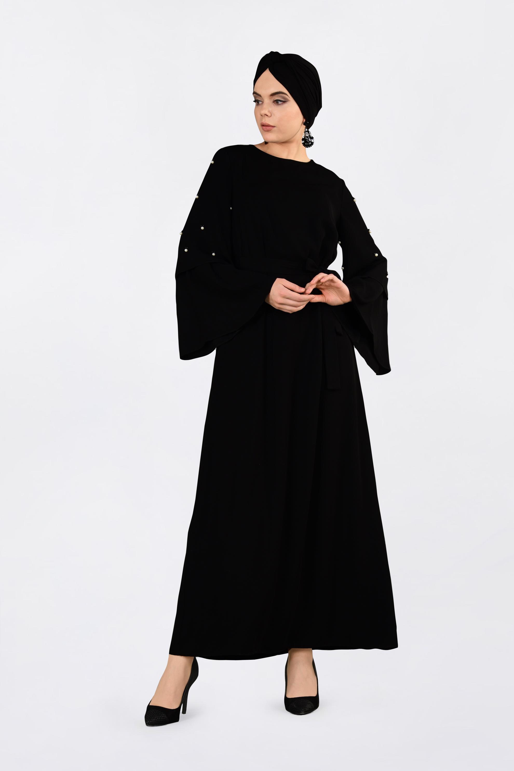 Tesettür giyim SİYAH GENİŞ KOLLU BONCUKLU SALAŞ ELBİSE 4310