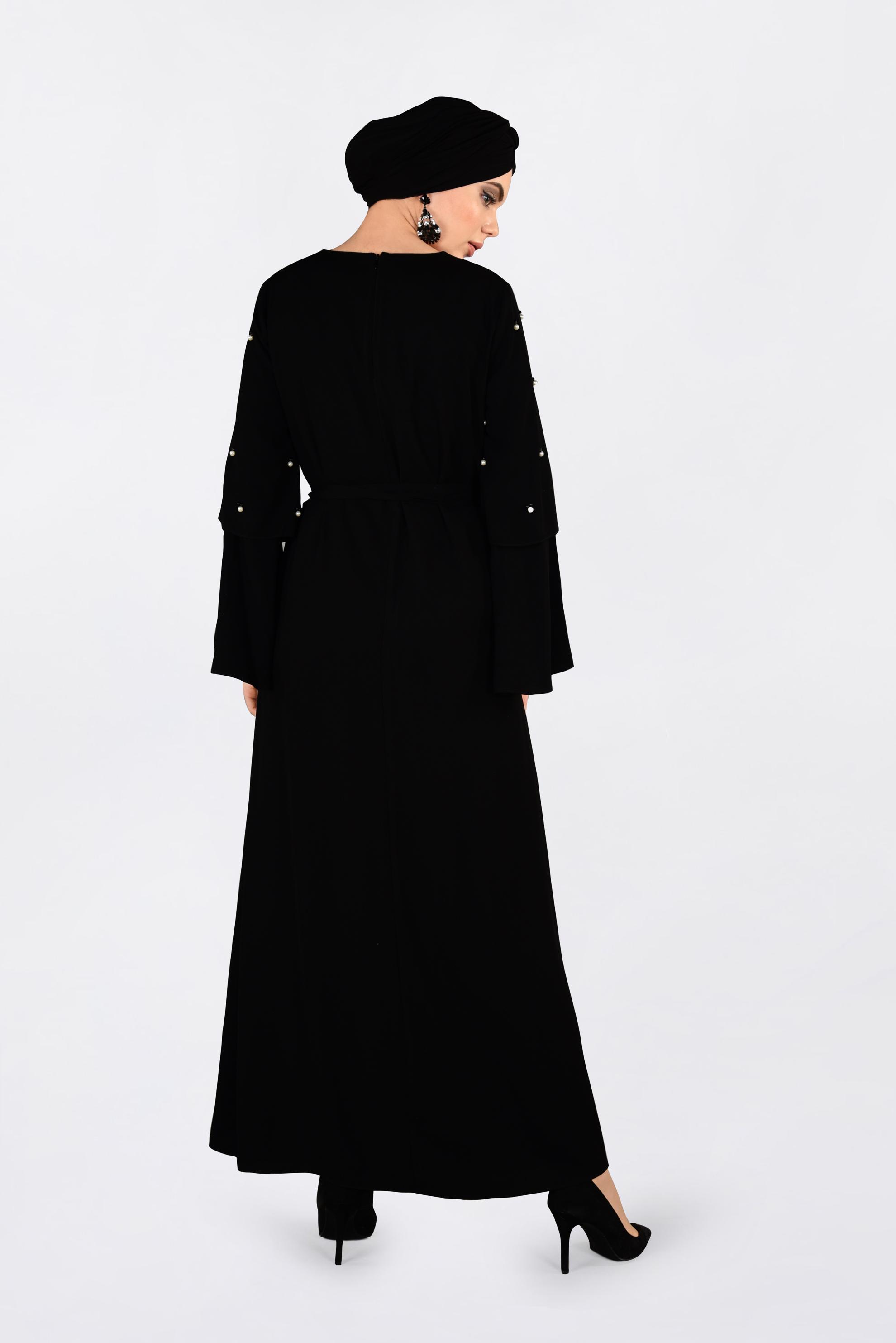 Tesettür giyim SİYAH GENİŞ KOLLU BONCUKLU SALAŞ ELBİSE 4310