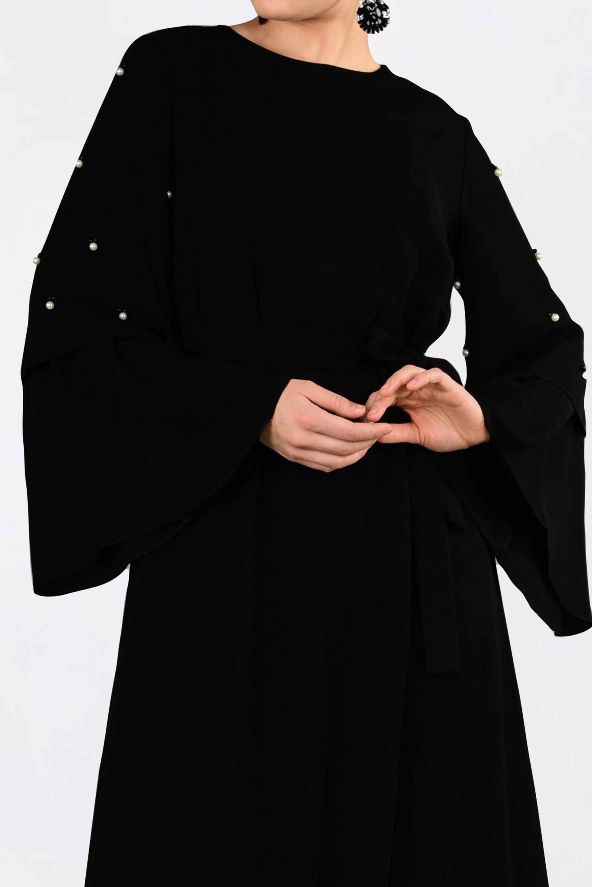 Tesettür giyim SİYAH GENİŞ KOLLU BONCUKLU SALAŞ ELBİSE 4310