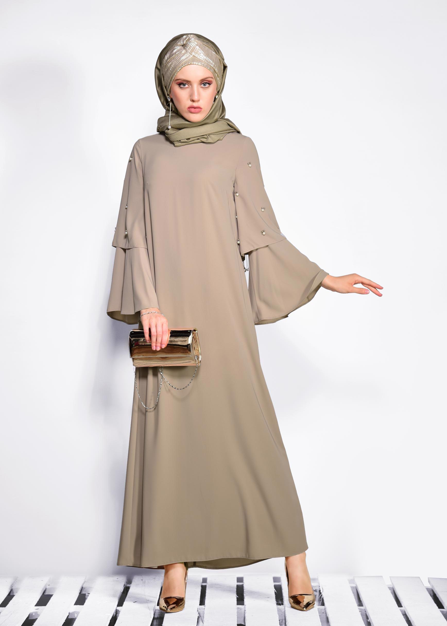 Tesettür giyim BEJ GENİŞ KOLLU BONCUKLU SALAŞ ELBİSE 4310