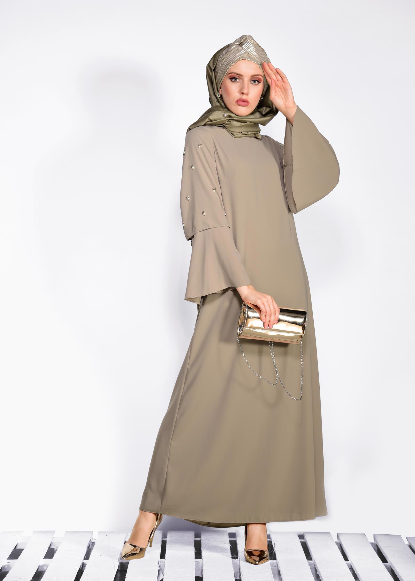Tesettür giyim BEJ GENİŞ KOLLU BONCUKLU SALAŞ ELBİSE 4310