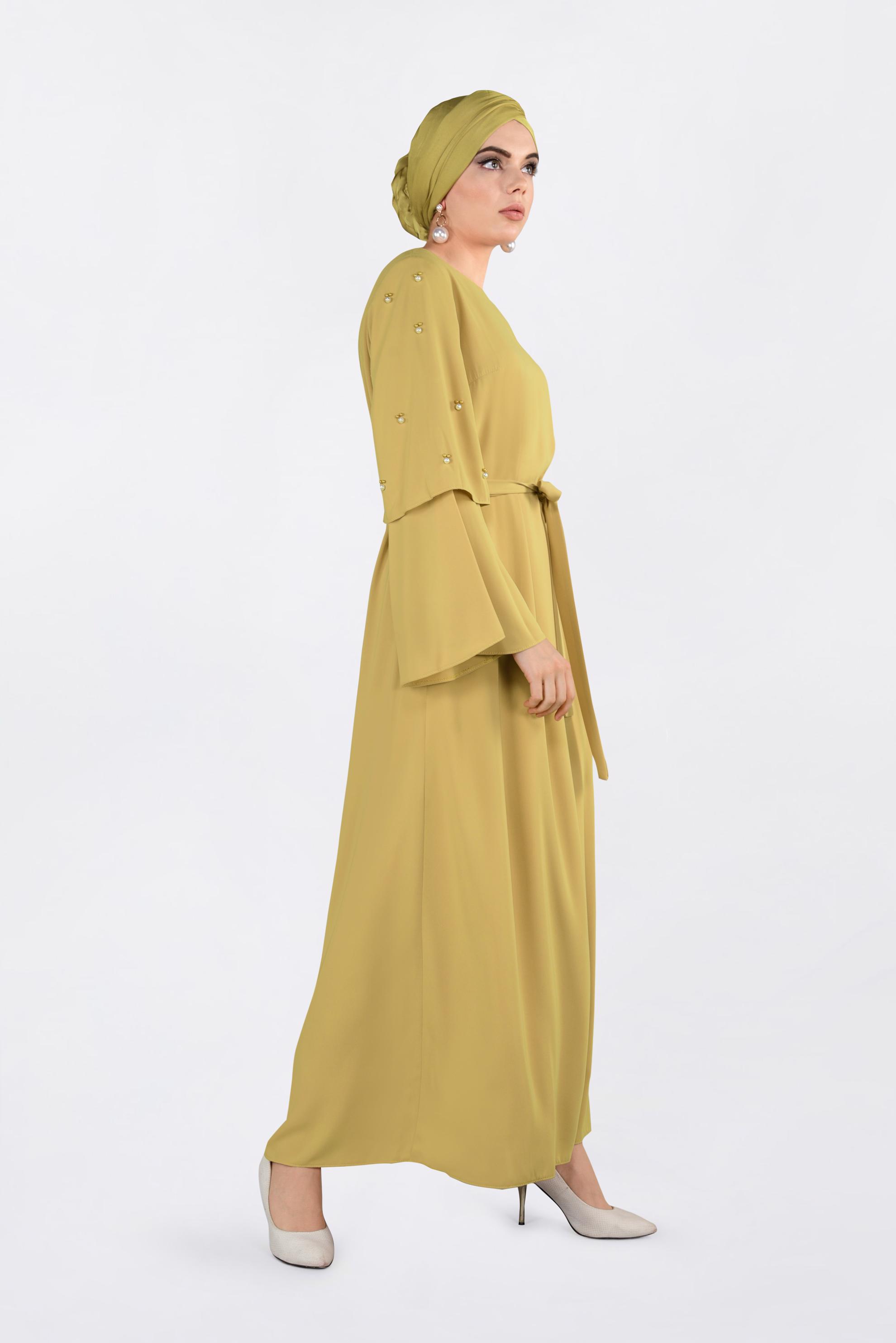 Tesettür giyim SARI GENİŞ KOLLU BONCUKLU SALAŞ ELBİSE 4310