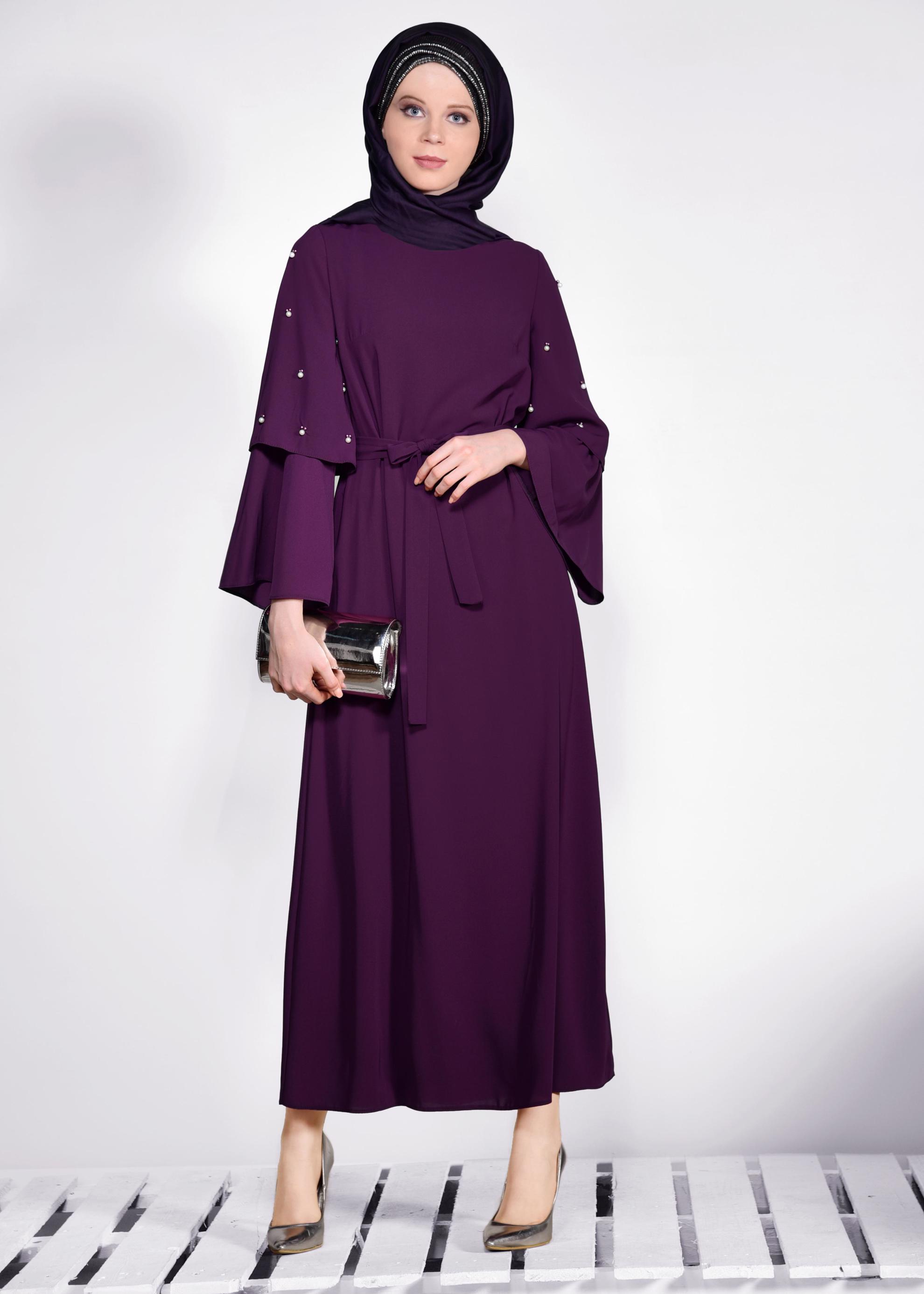 Tesettür giyim MOR GENİŞ KOLLU BONCUKLU SALAŞ ELBİSE 4310