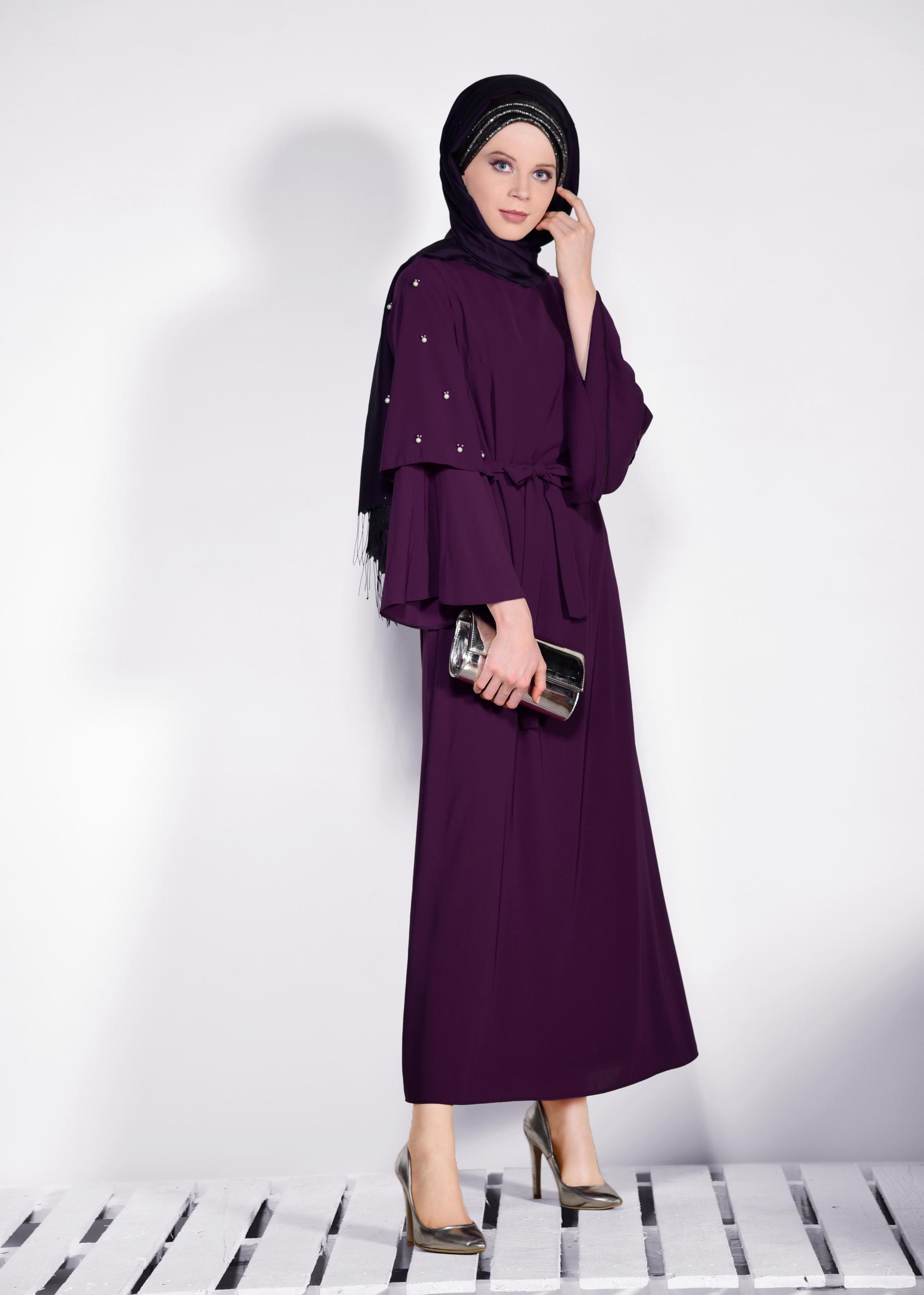 Tesettür giyim MOR GENİŞ KOLLU BONCUKLU SALAŞ ELBİSE 4310