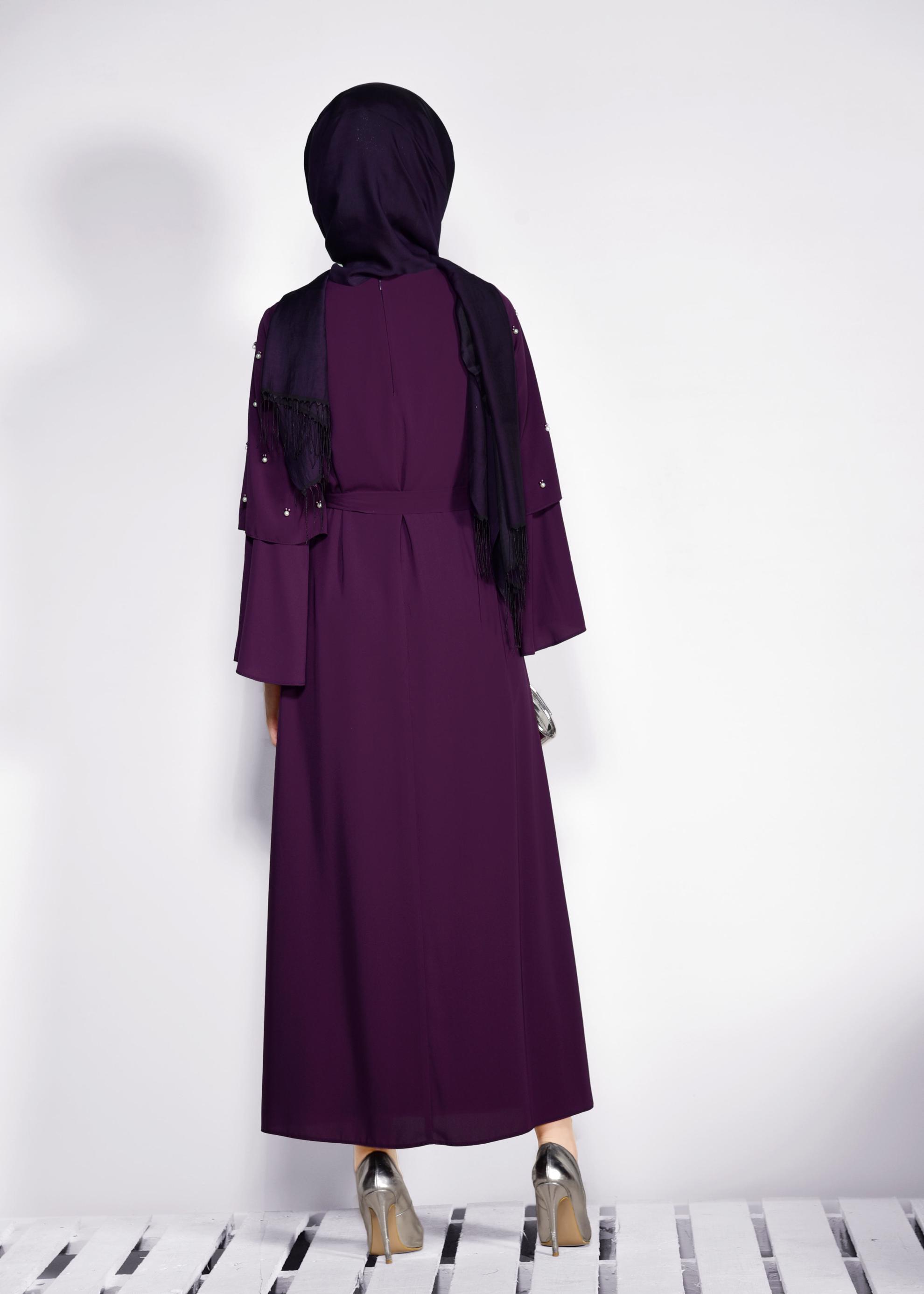 Tesettür giyim MOR GENİŞ KOLLU BONCUKLU SALAŞ ELBİSE 4310