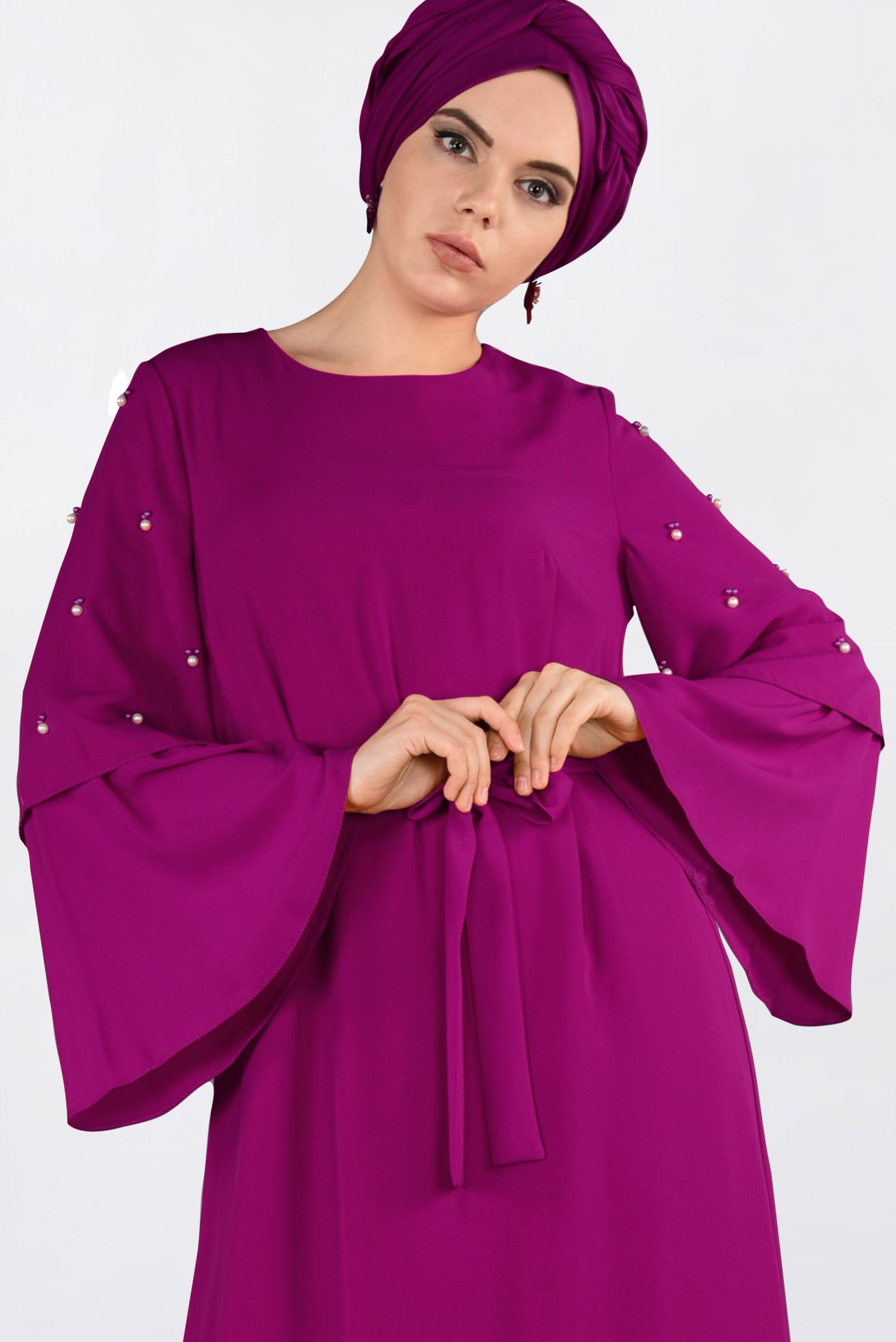 Tesettür giyim FUŞYA GENİŞ KOLLU BONCUKLU SALAŞ ELBİSE 4310
