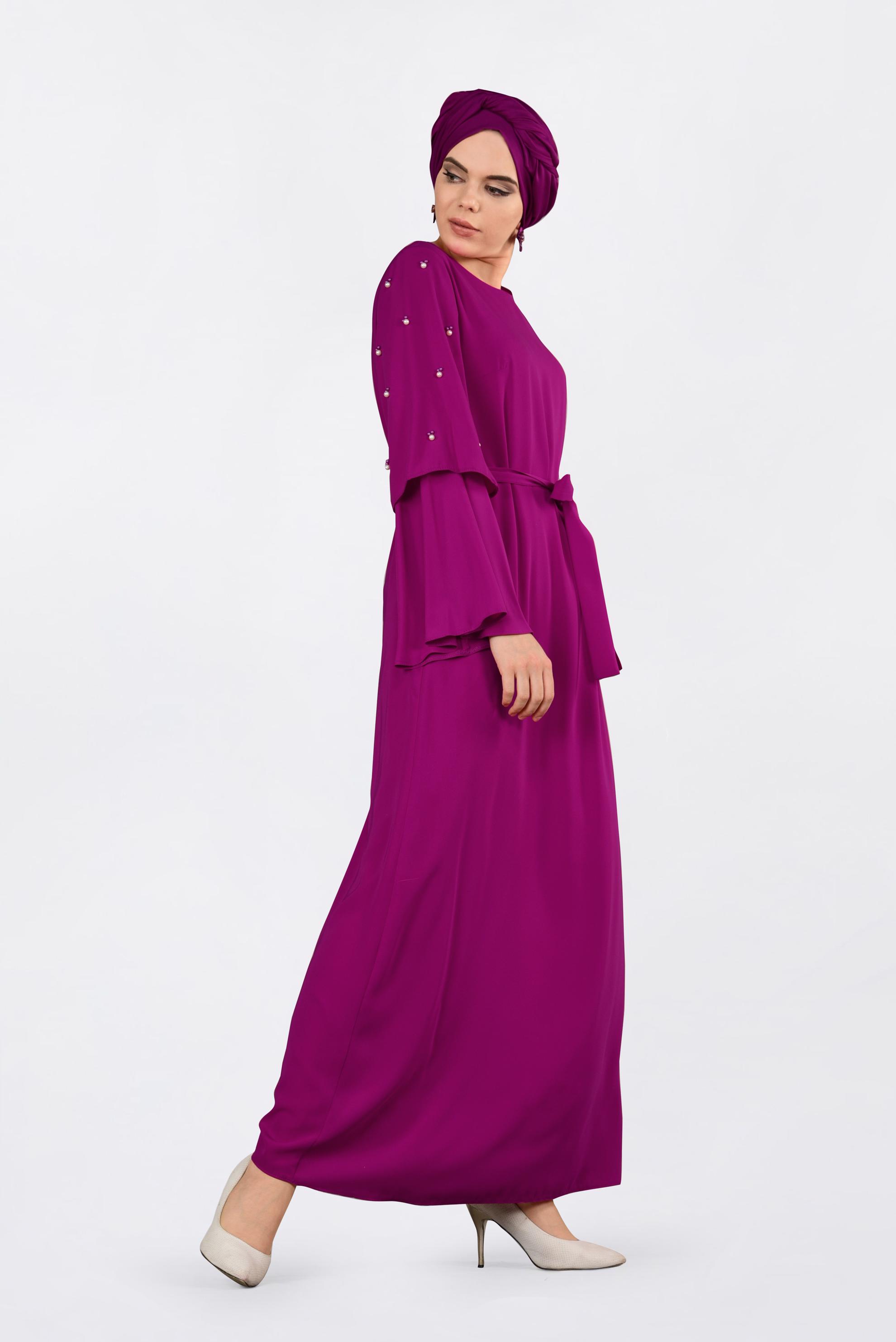 Tesettür giyim FUŞYA GENİŞ KOLLU BONCUKLU SALAŞ ELBİSE 4310