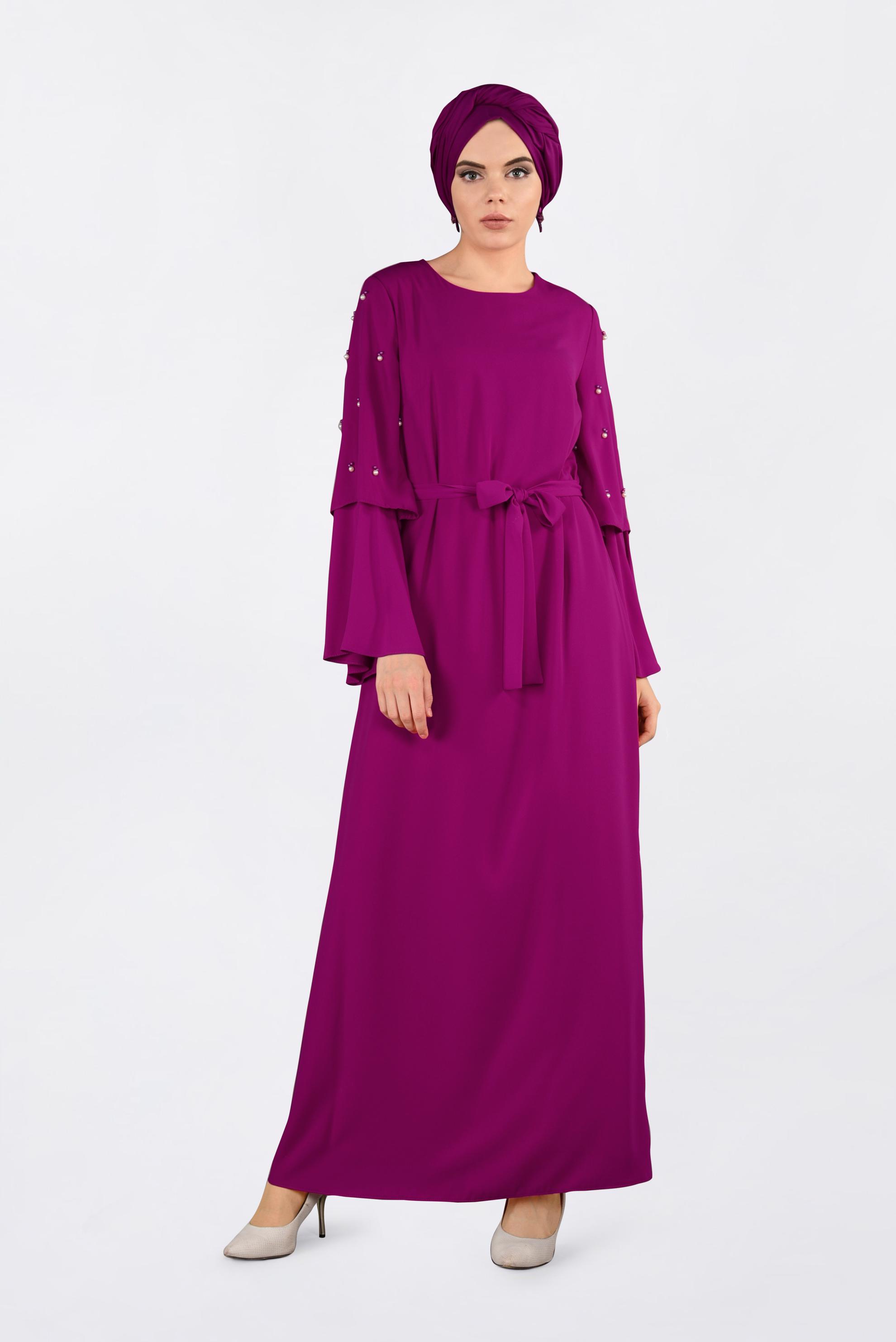 Tesettür giyim FUŞYA GENİŞ KOLLU BONCUKLU SALAŞ ELBİSE 4310