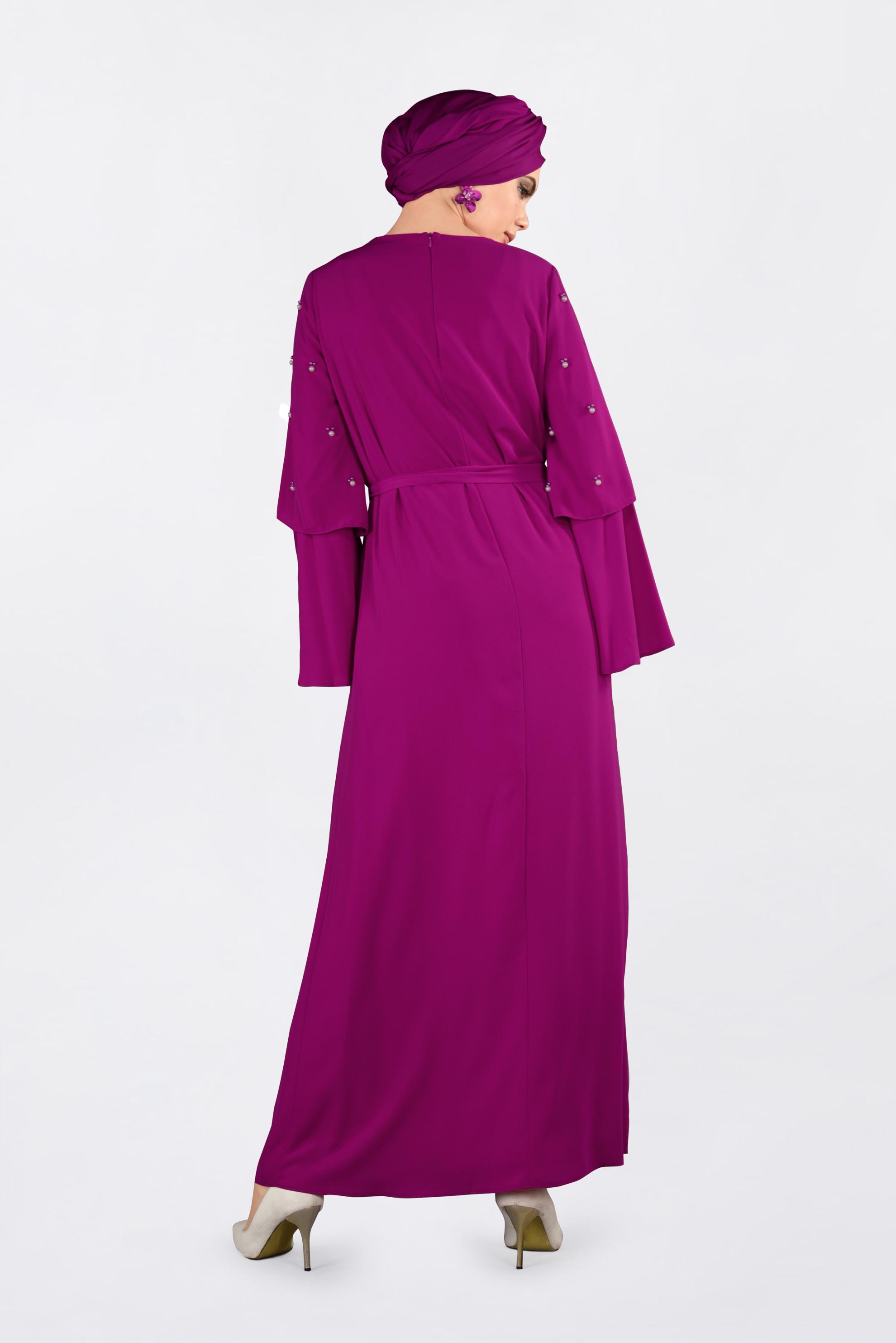 Tesettür giyim FUŞYA GENİŞ KOLLU BONCUKLU SALAŞ ELBİSE 4310