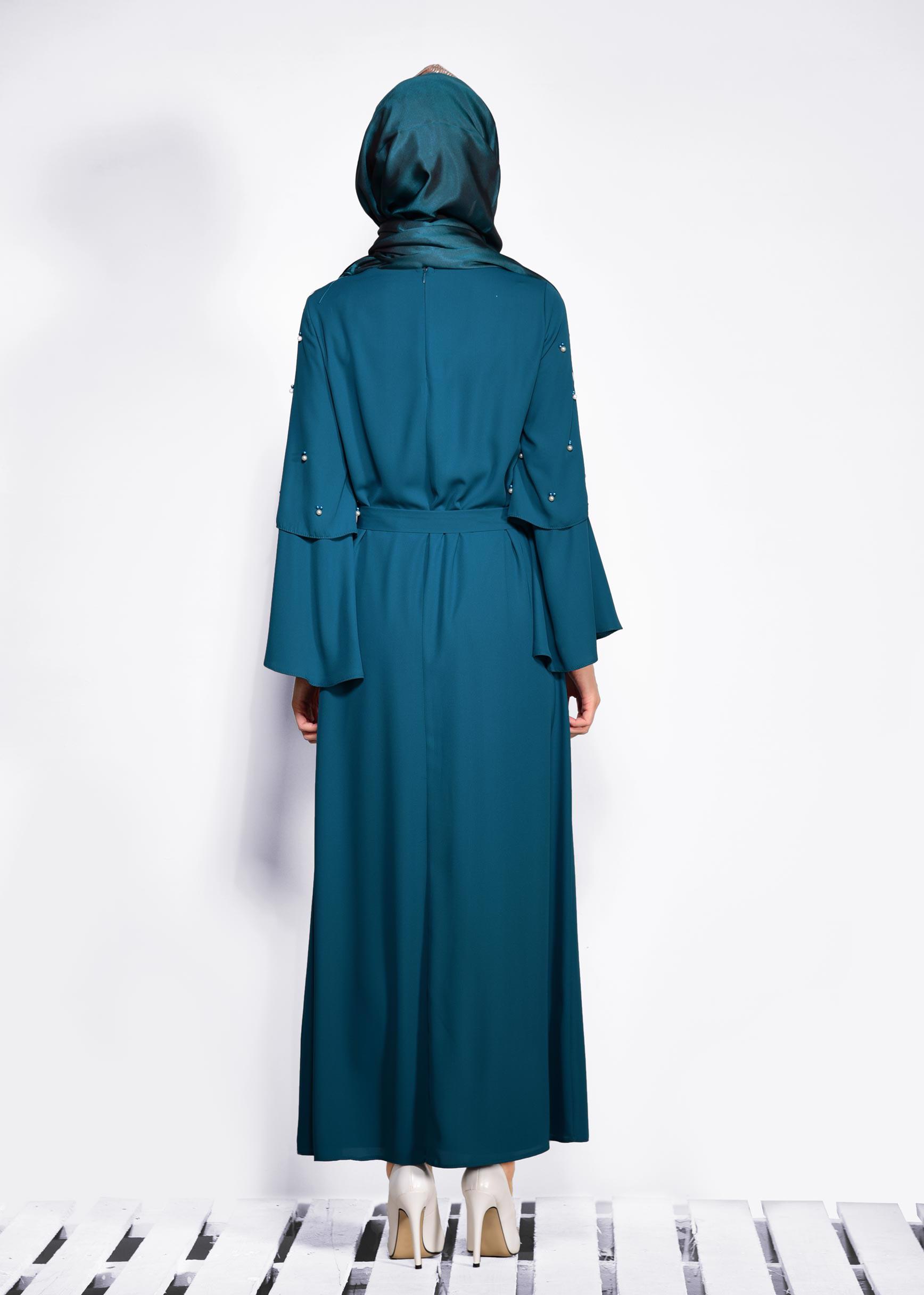 Tesettür giyim MAVİ GENİŞ KOLLU BONCUKLU SALAŞ ELBİSE 4310