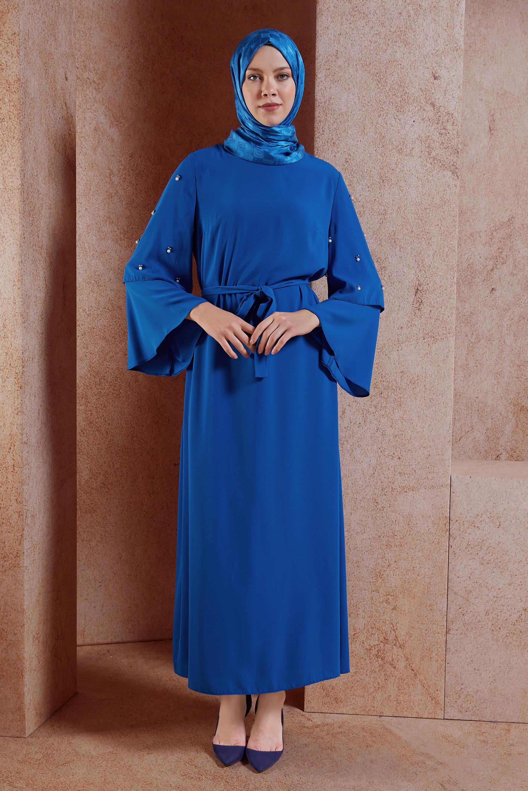 Tesettür giyim LACİVERT GENİŞ KOLLU BONCUKLU SALAŞ ELBİSE 4310