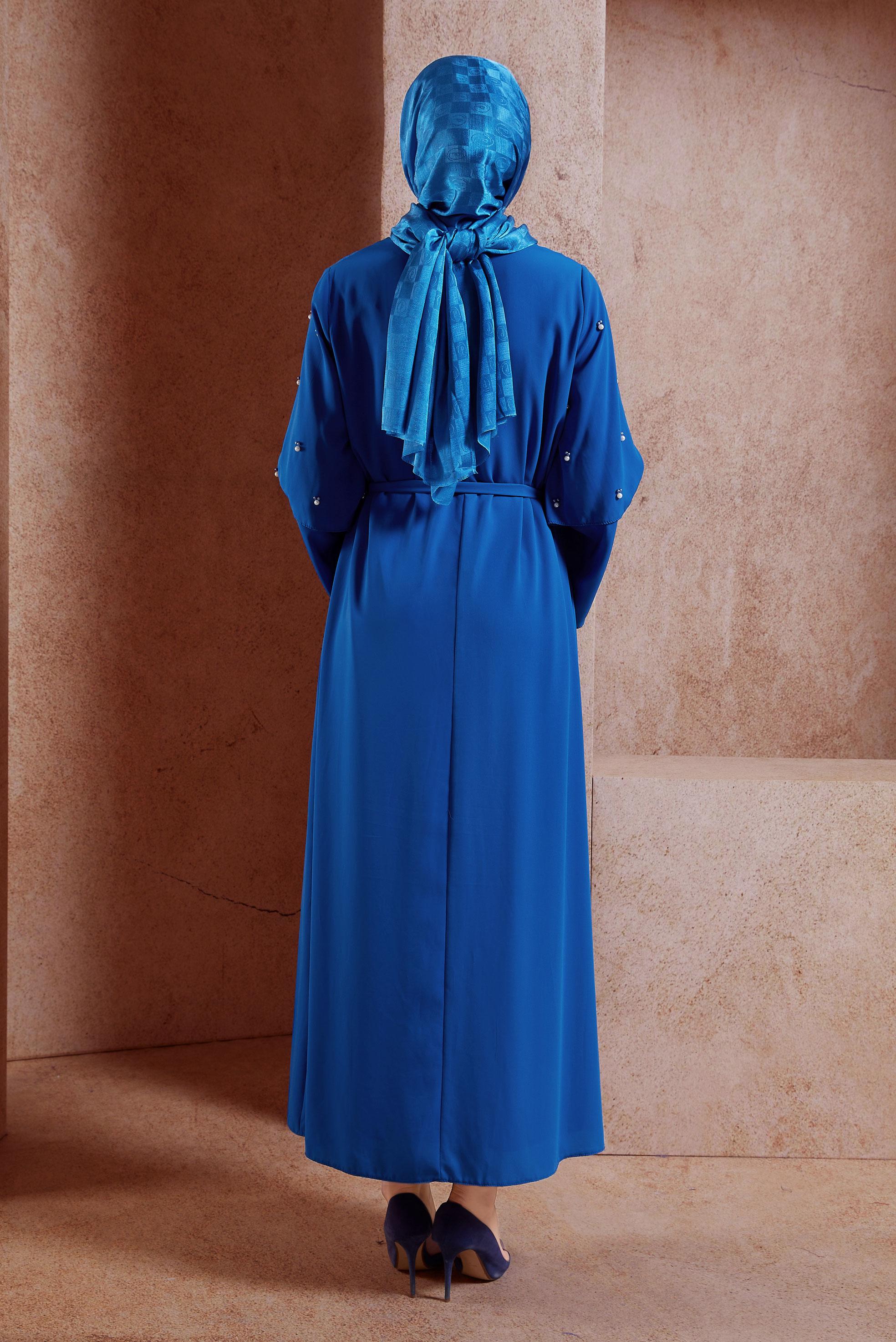 Tesettür giyim LACİVERT GENİŞ KOLLU BONCUKLU SALAŞ ELBİSE 4310