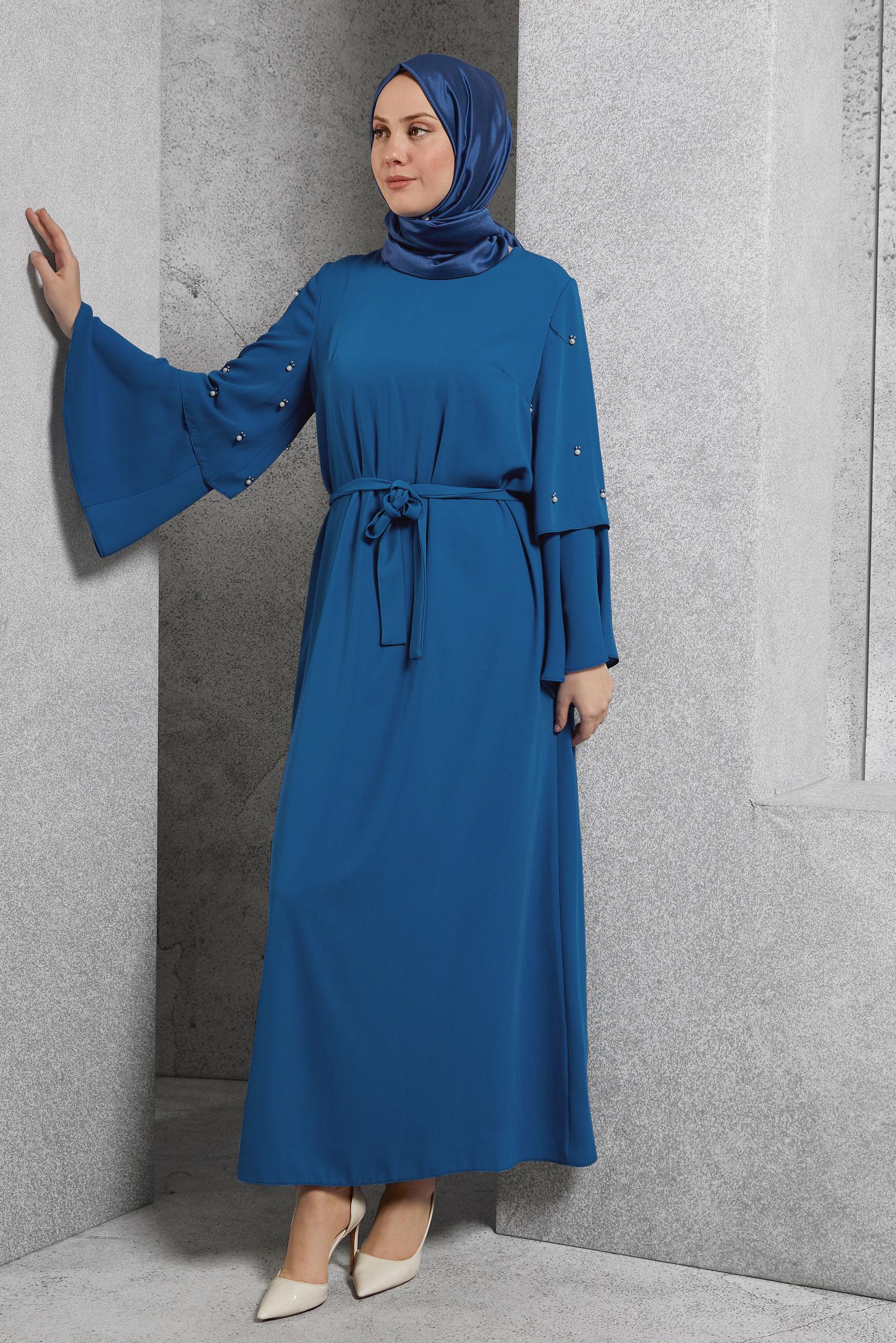Tesettür giyim LACİVERT GENİŞ KOLLU BONCUKLU SALAŞ ELBİSE 4310