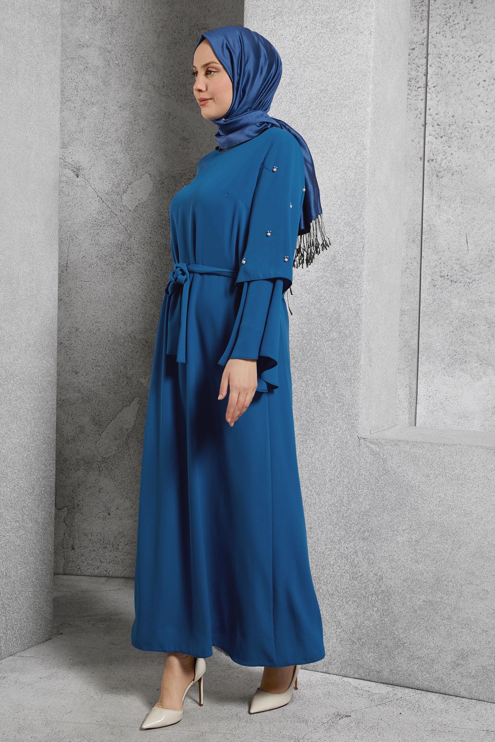 Tesettür giyim LACİVERT GENİŞ KOLLU BONCUKLU SALAŞ ELBİSE 4310