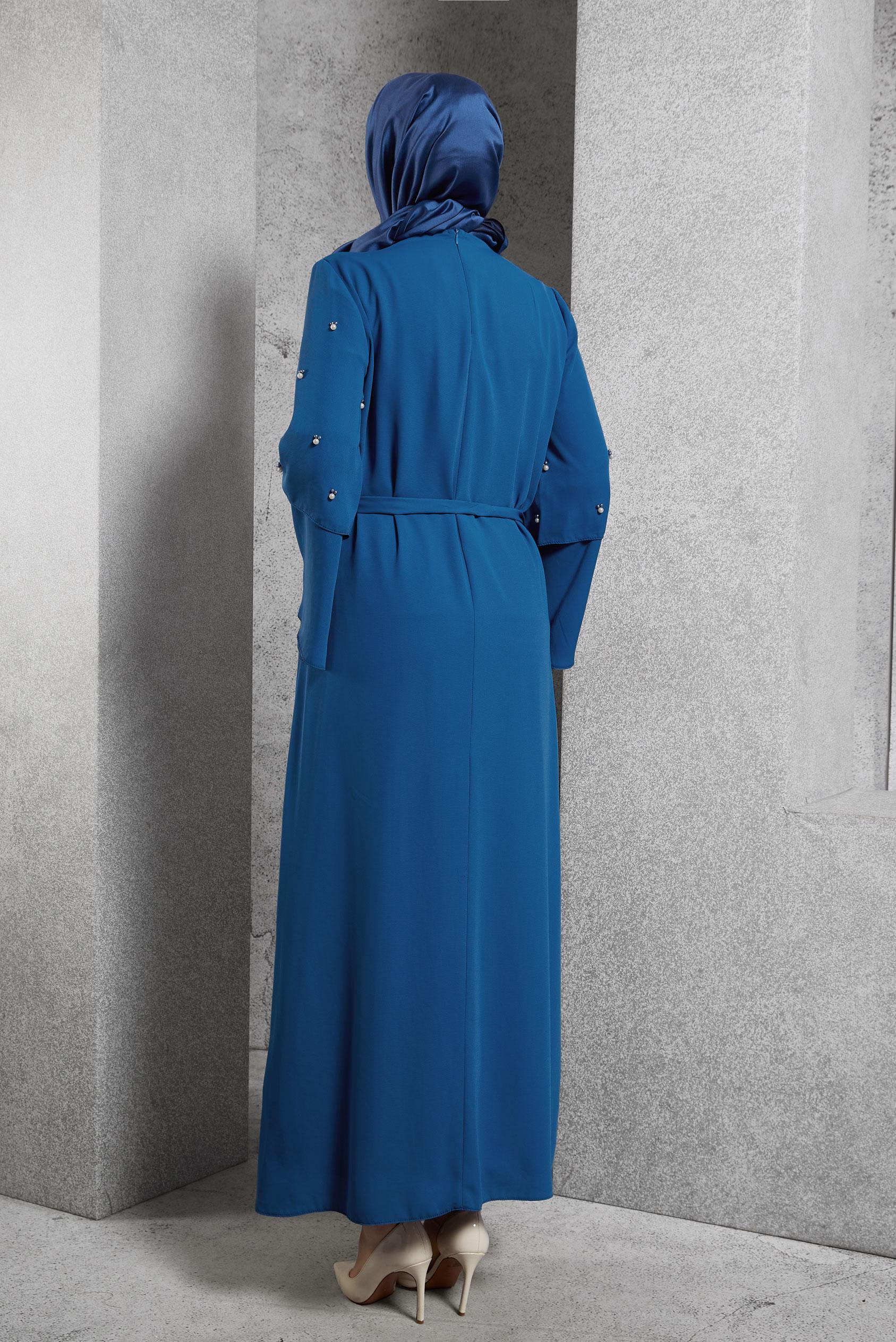 Tesettür giyim LACİVERT GENİŞ KOLLU BONCUKLU SALAŞ ELBİSE 4310