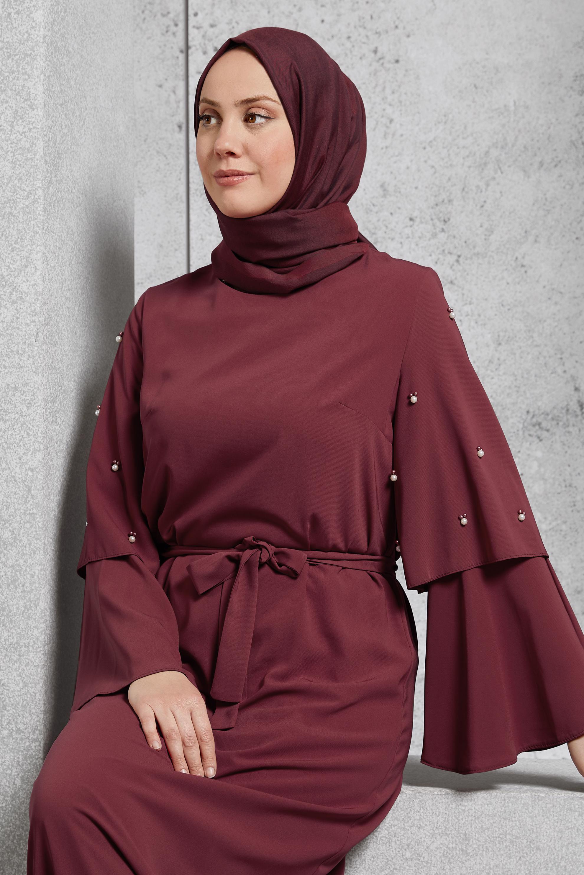 Tesettür giyim BORDO GENİŞ KOLLU BONCUKLU SALAŞ ELBİSE 4310