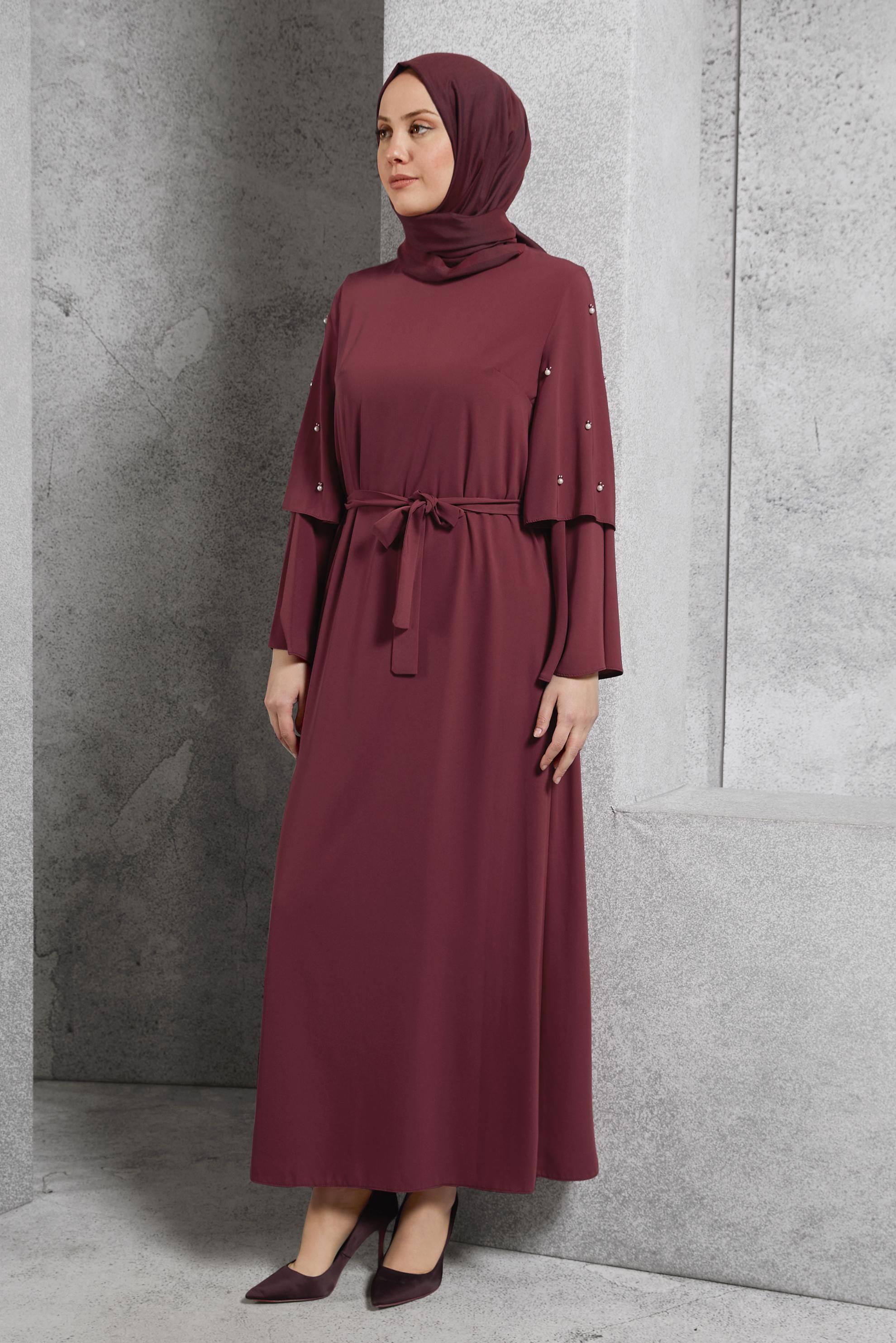 Tesettür giyim BORDO GENİŞ KOLLU BONCUKLU SALAŞ ELBİSE 4310