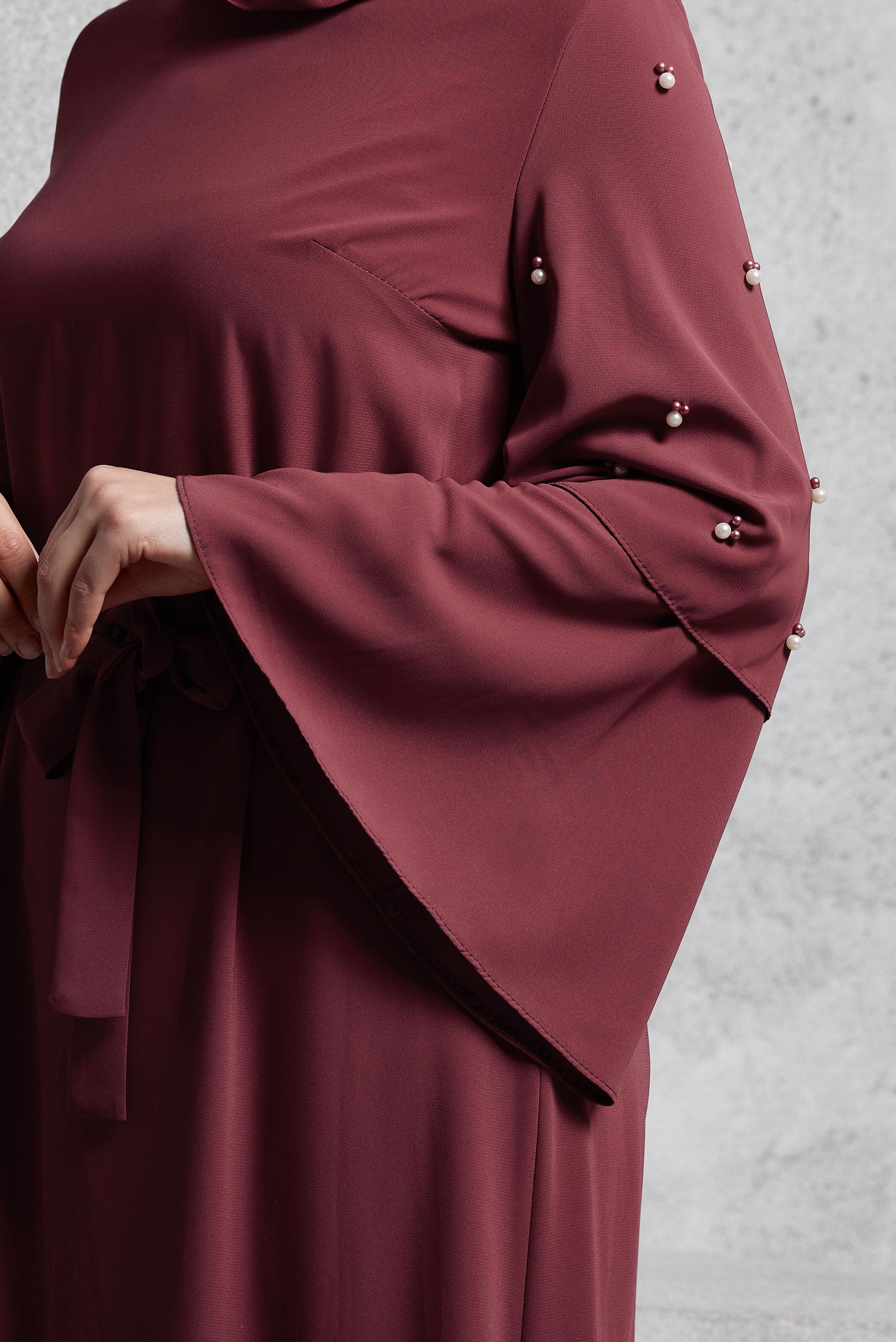 Tesettür giyim BORDO GENİŞ KOLLU BONCUKLU SALAŞ ELBİSE 4310