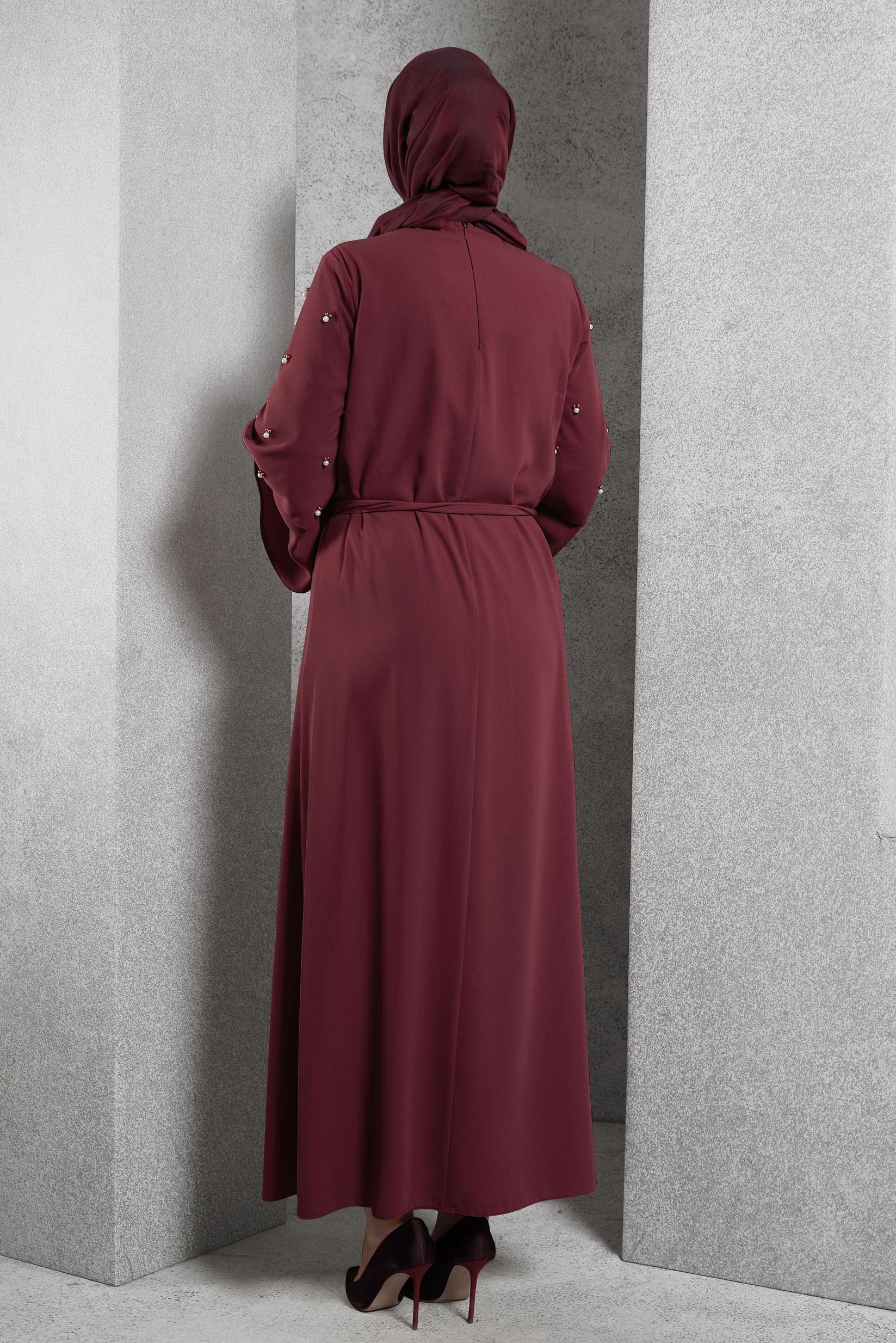 Tesettür giyim BORDO GENİŞ KOLLU BONCUKLU SALAŞ ELBİSE 4310