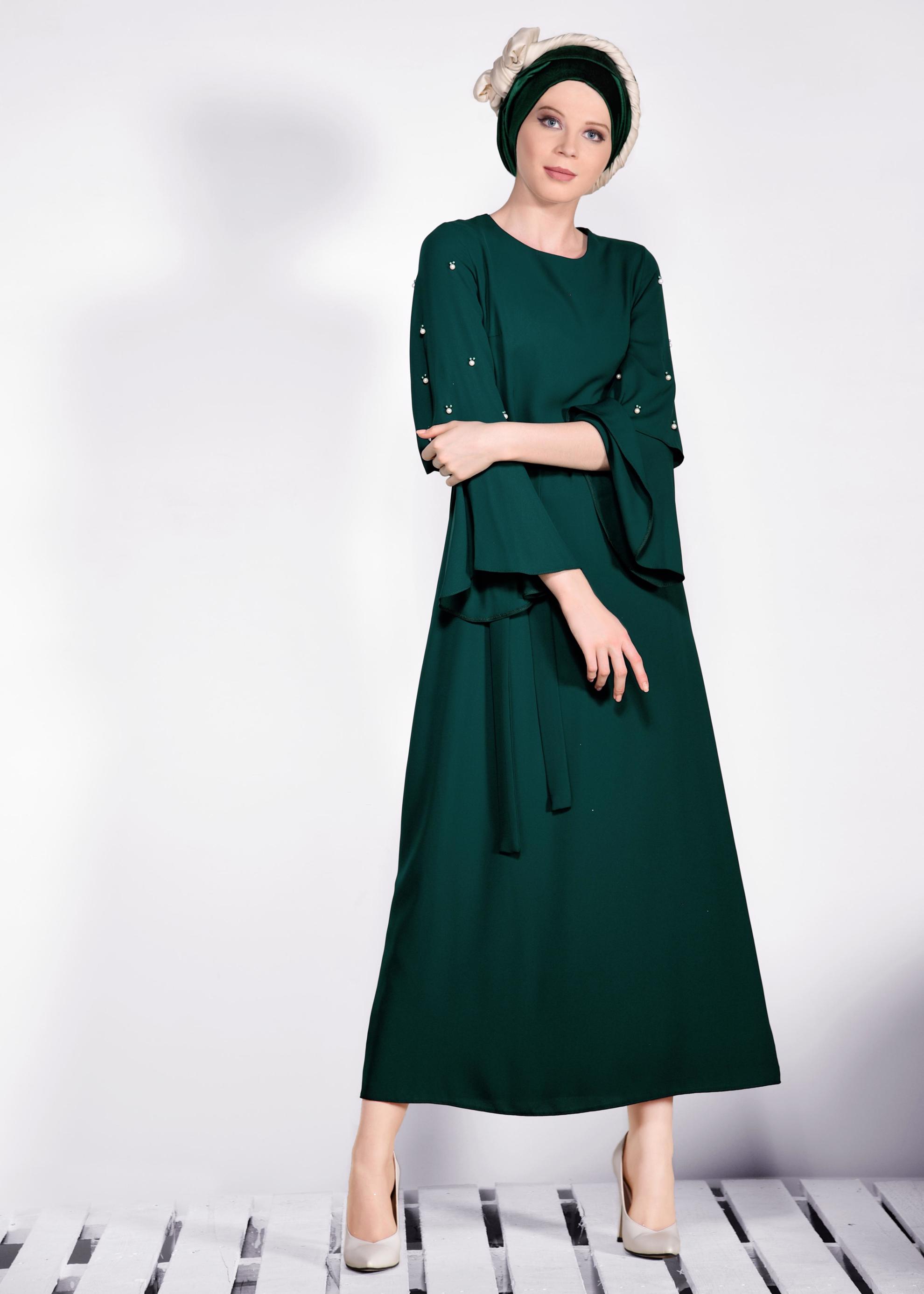 Tesettür giyim YEŞİL GENİŞ KOLLU BONCUKLU SALAŞ ELBİSE 4310