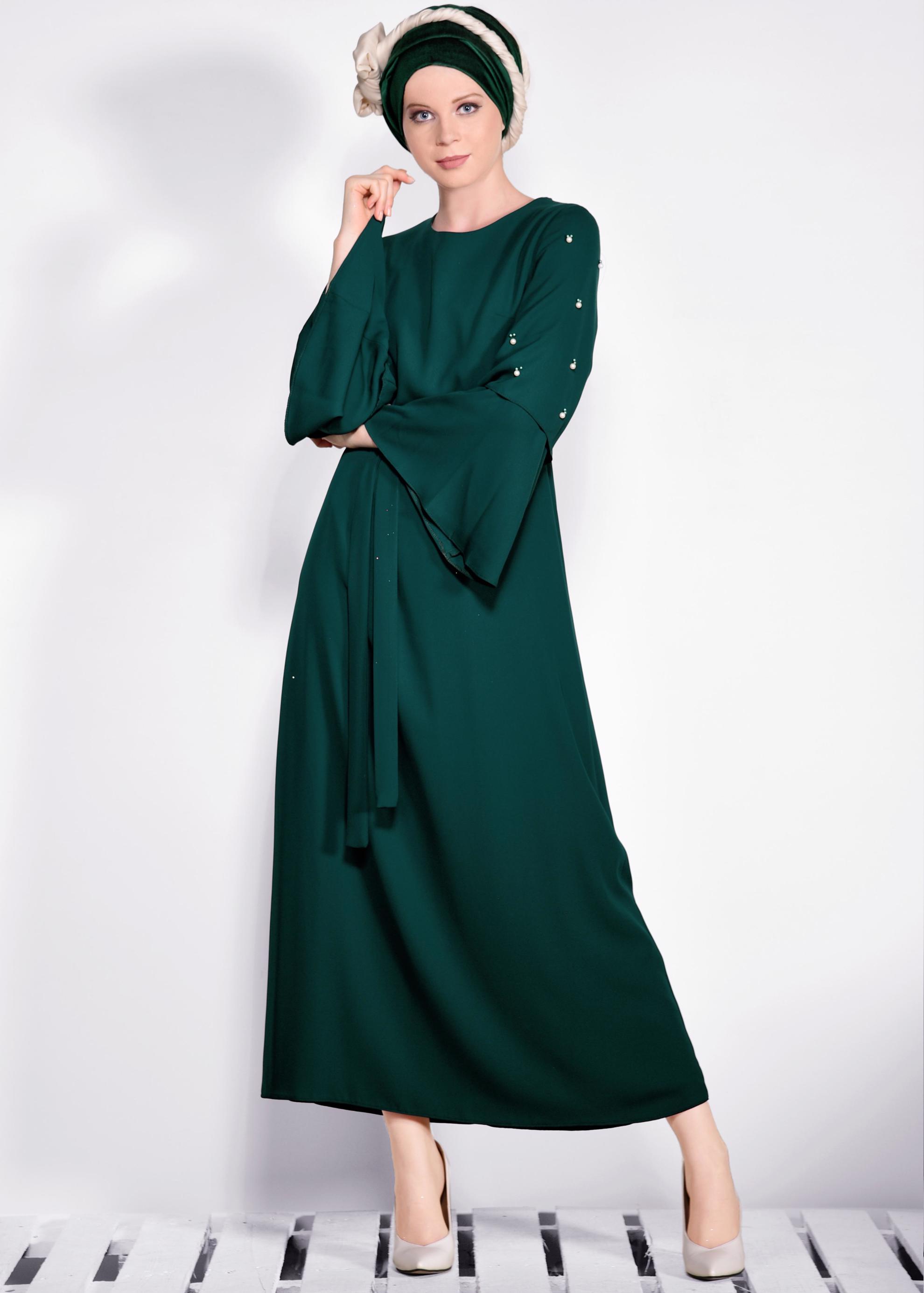 Tesettür giyim YEŞİL GENİŞ KOLLU BONCUKLU SALAŞ ELBİSE 4310