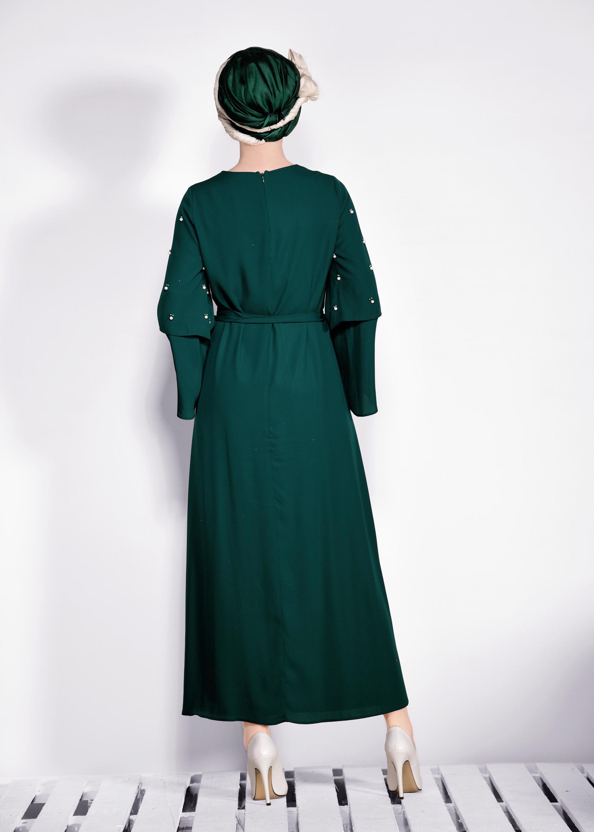 Tesettür giyim YEŞİL GENİŞ KOLLU BONCUKLU SALAŞ ELBİSE 4310