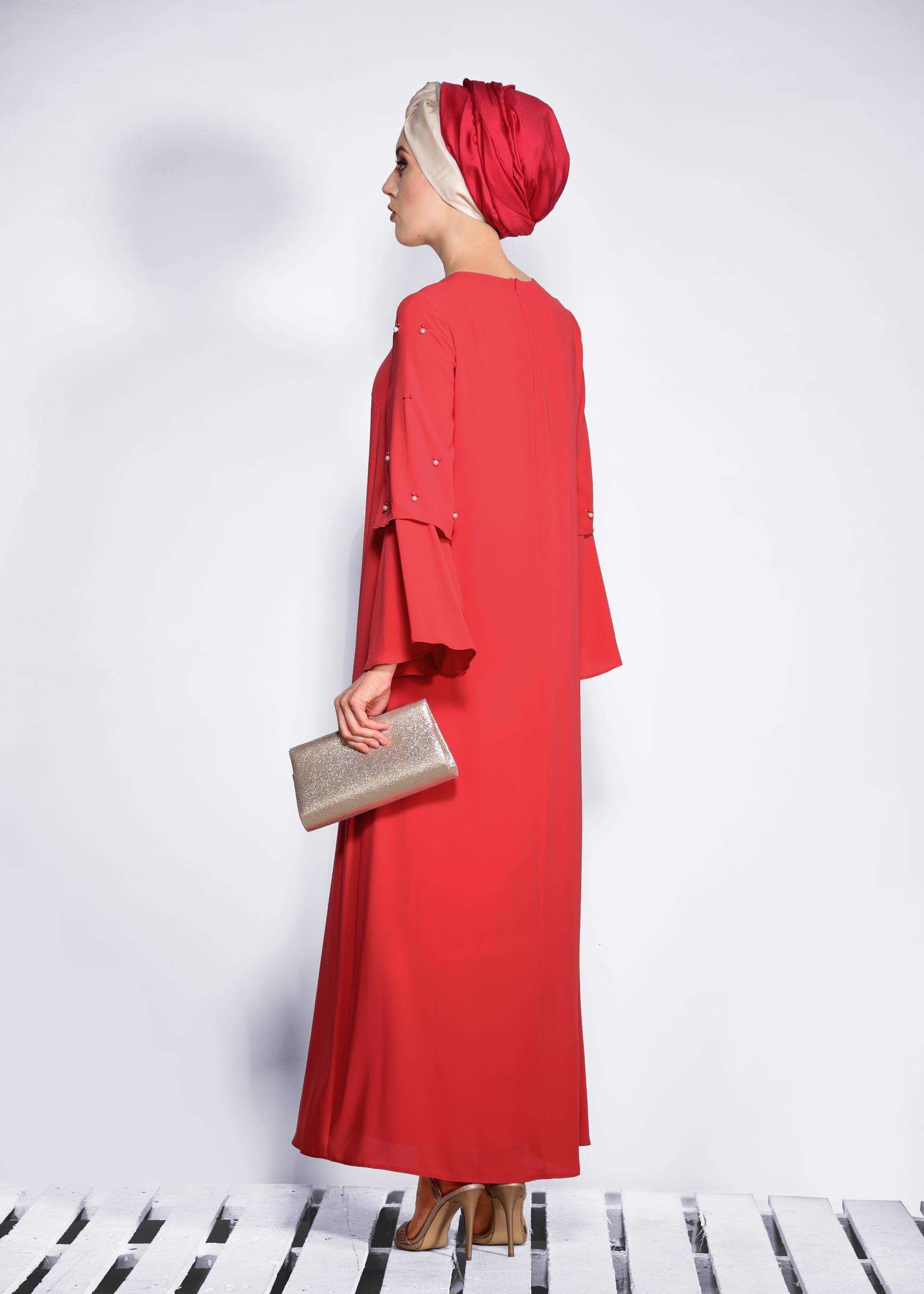 Tesettür giyim KIRMIZI GENİŞ KOLLU BONCUKLU SALAŞ ELBİSE 4310