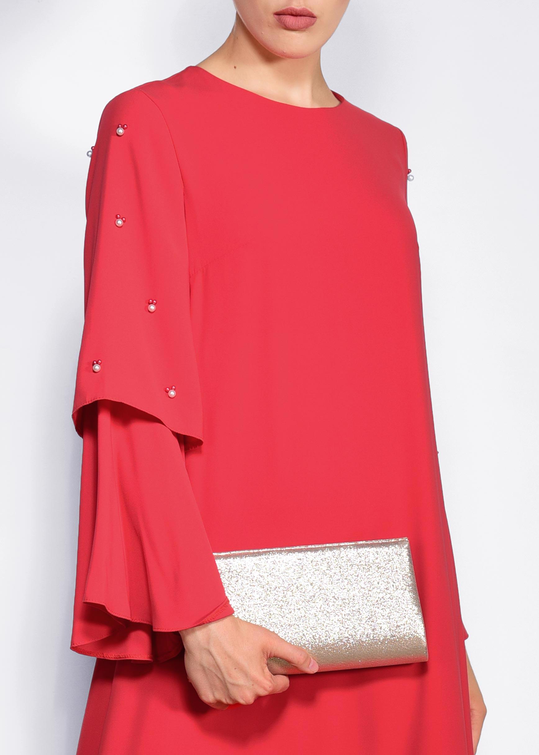 Tesettür giyim KIRMIZI GENİŞ KOLLU BONCUKLU SALAŞ ELBİSE 4310