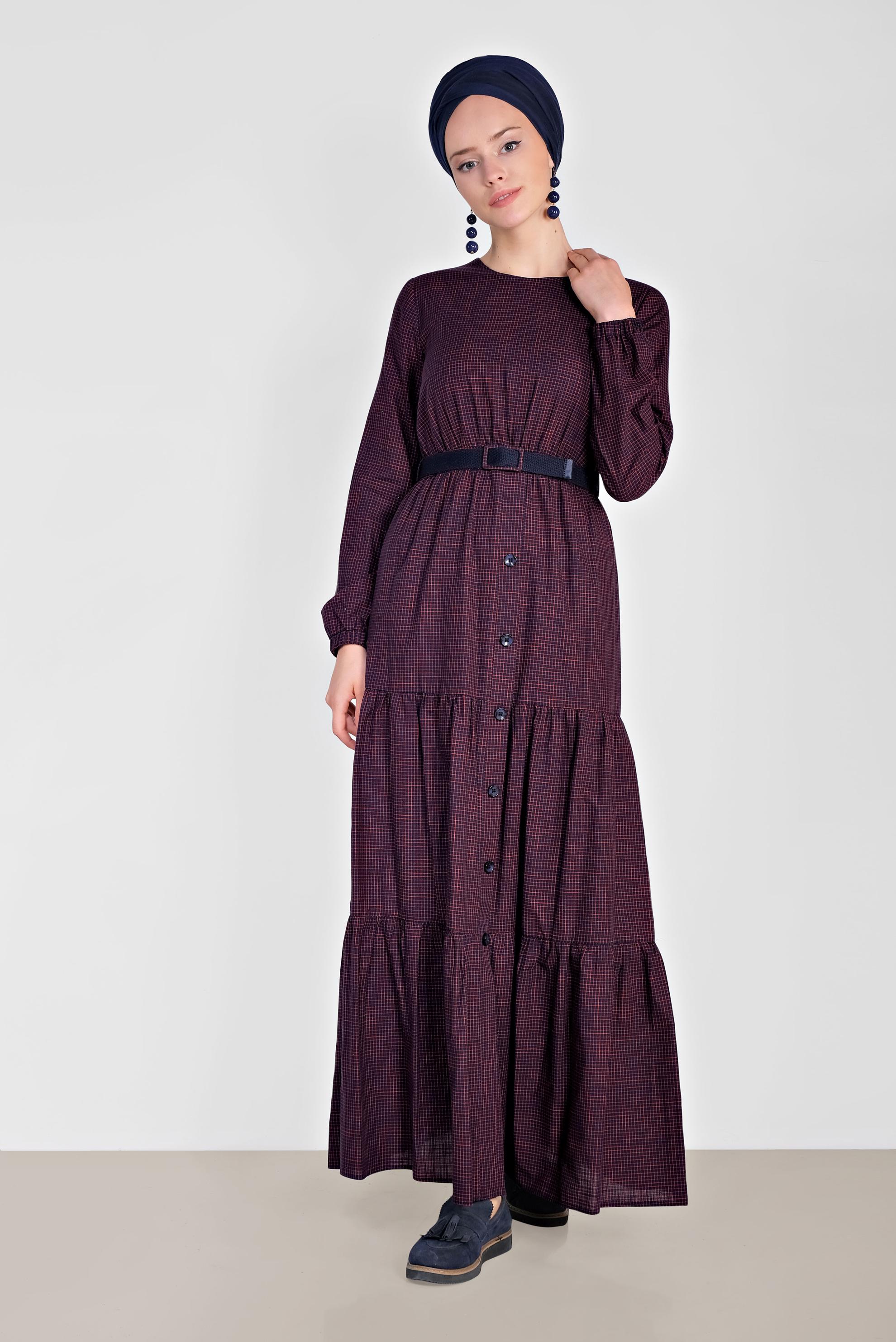 Tesettür giyim LACİVERT ÖNDEN DÜĞMELİ BELİ KEMERLİ ELBİSE 4335