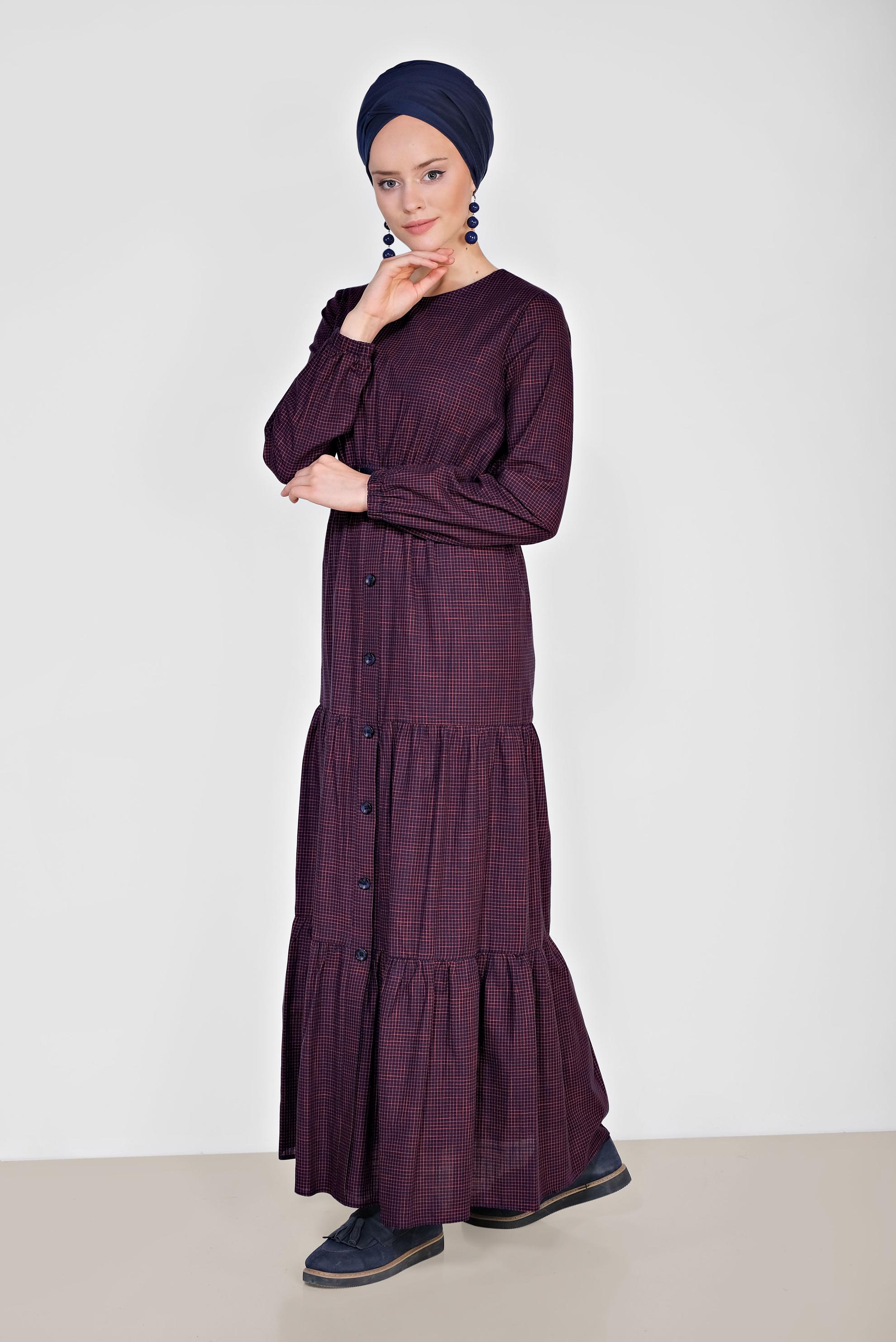 Tesettür giyim LACİVERT ÖNDEN DÜĞMELİ BELİ KEMERLİ ELBİSE 4335