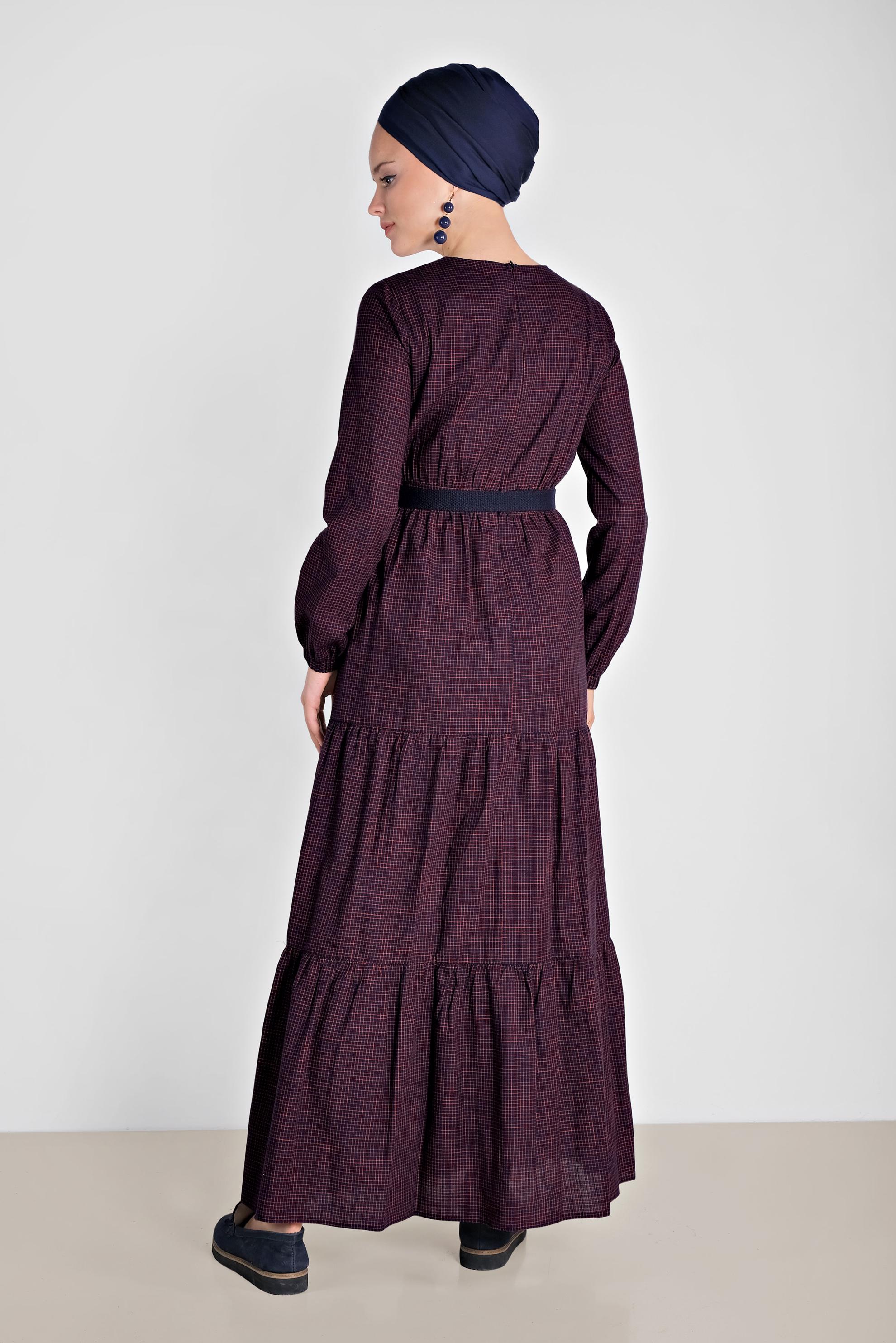 Tesettür giyim LACİVERT ÖNDEN DÜĞMELİ BELİ KEMERLİ ELBİSE 4335