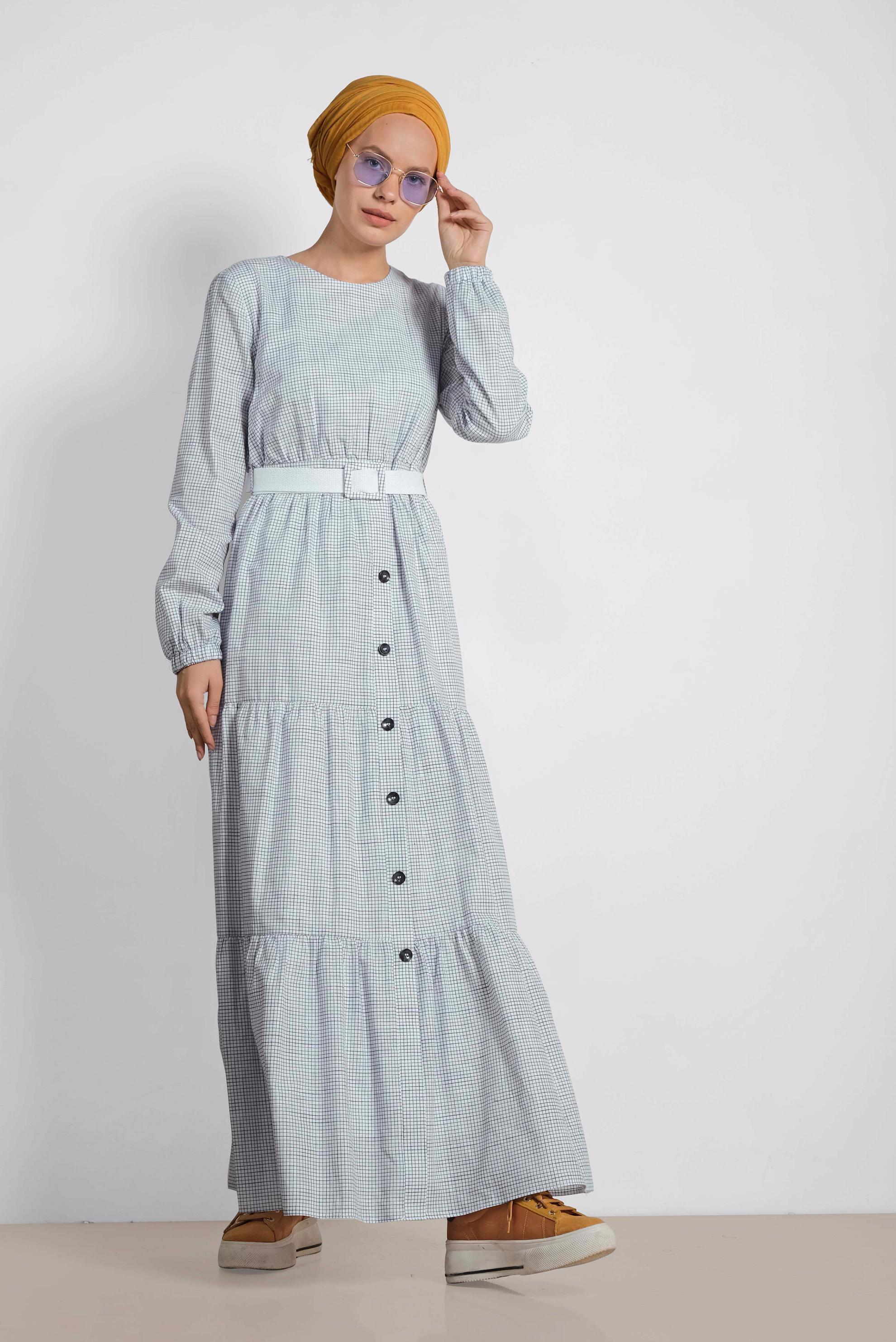 Tesettür giyim BEYAZ ÖNDEN DÜĞMELİ BELİ KEMERLİ ELBİSE 4335