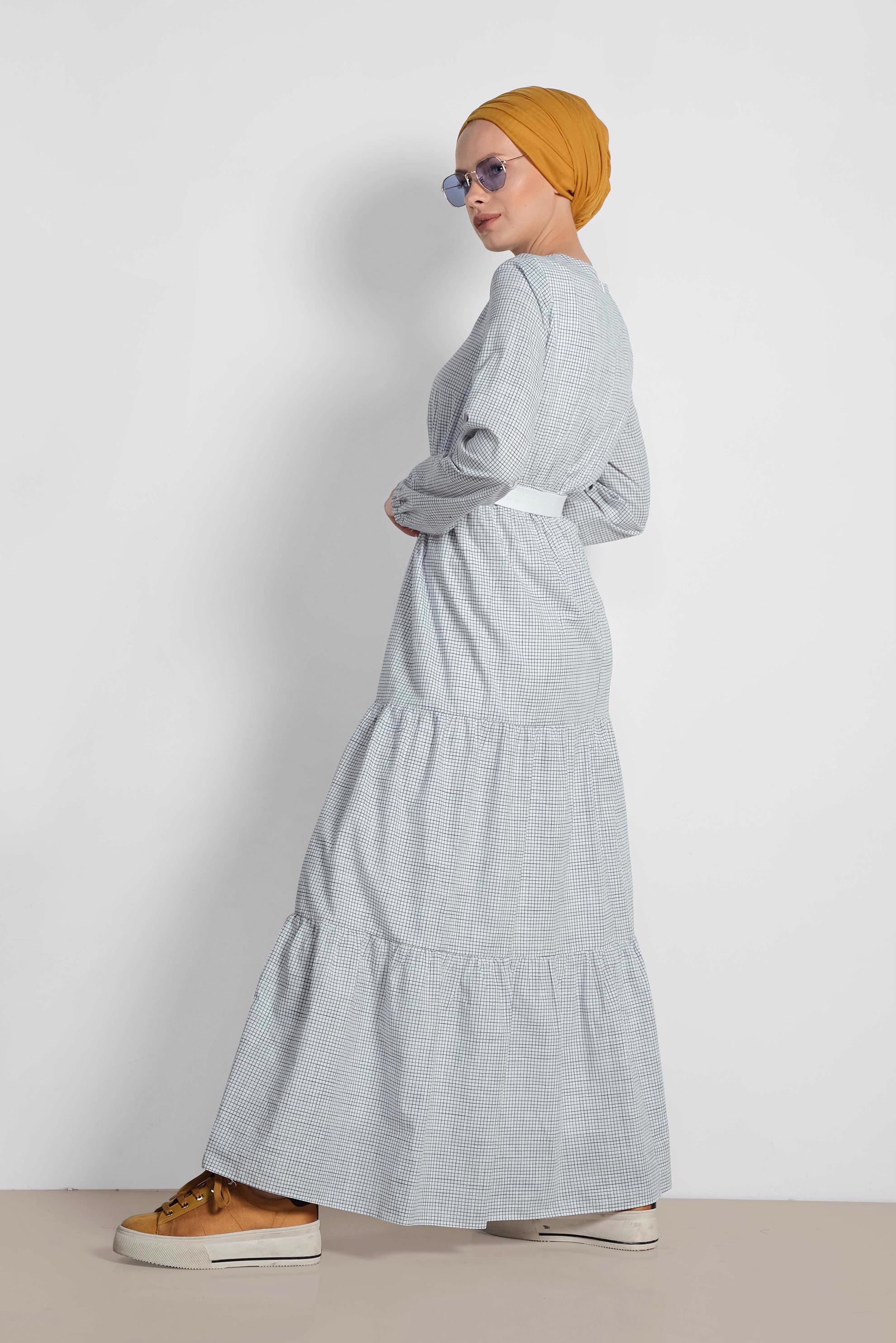 Tesettür giyim BEYAZ ÖNDEN DÜĞMELİ BELİ KEMERLİ ELBİSE 4335