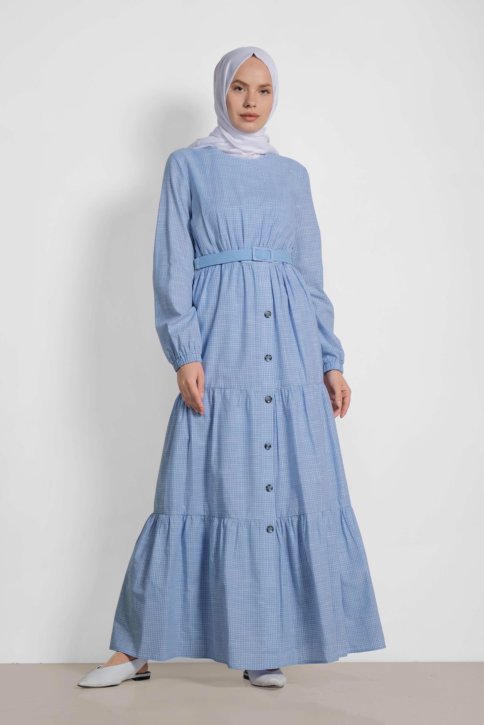 Tesettür giyim MAVİ ÖNDEN DÜĞMELİ BELİ KEMERLİ ELBİSE 4335