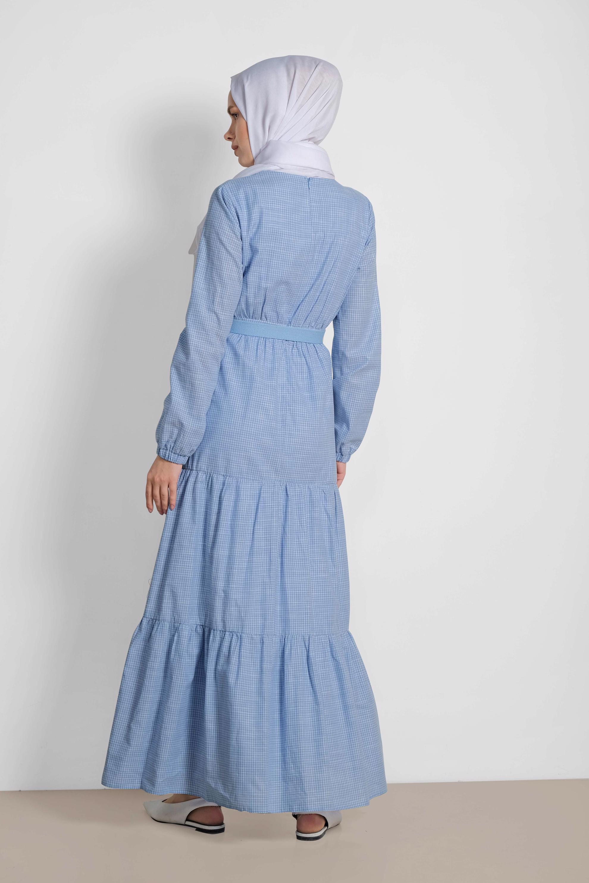 Tesettür giyim MAVİ ÖNDEN DÜĞMELİ BELİ KEMERLİ ELBİSE 4335
