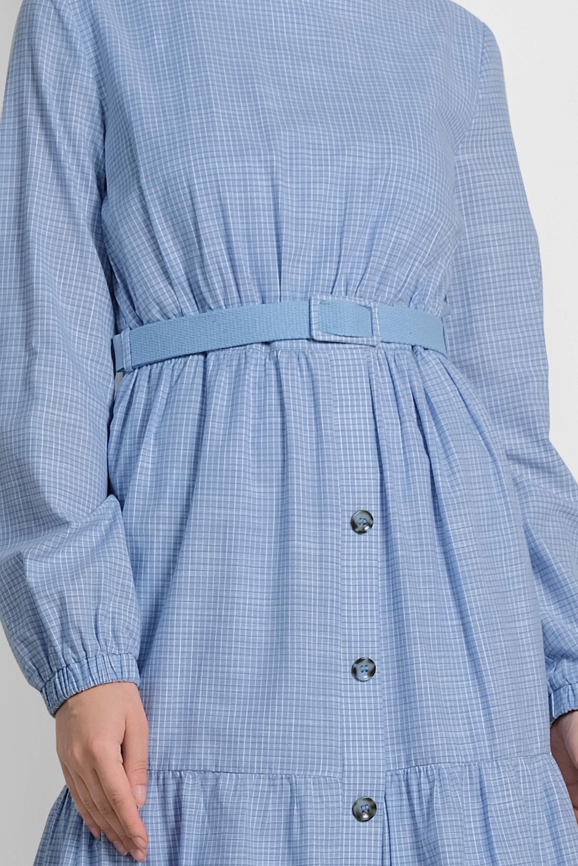 Tesettür giyim MAVİ ÖNDEN DÜĞMELİ BELİ KEMERLİ ELBİSE 4335