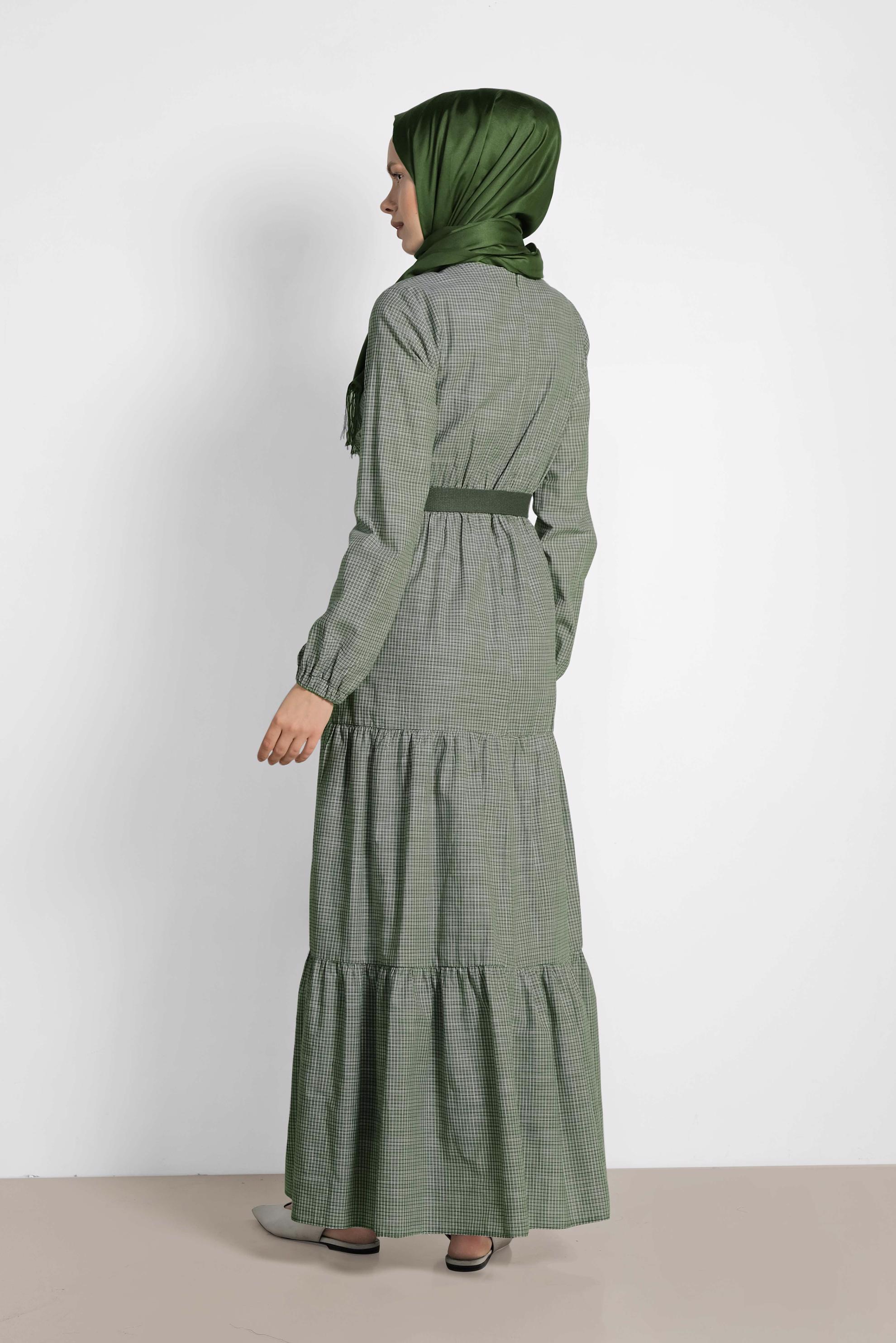 Tesettür giyim HAKİ ÖNDEN DÜĞMELİ BELİ KEMERLİ ELBİSE 4335