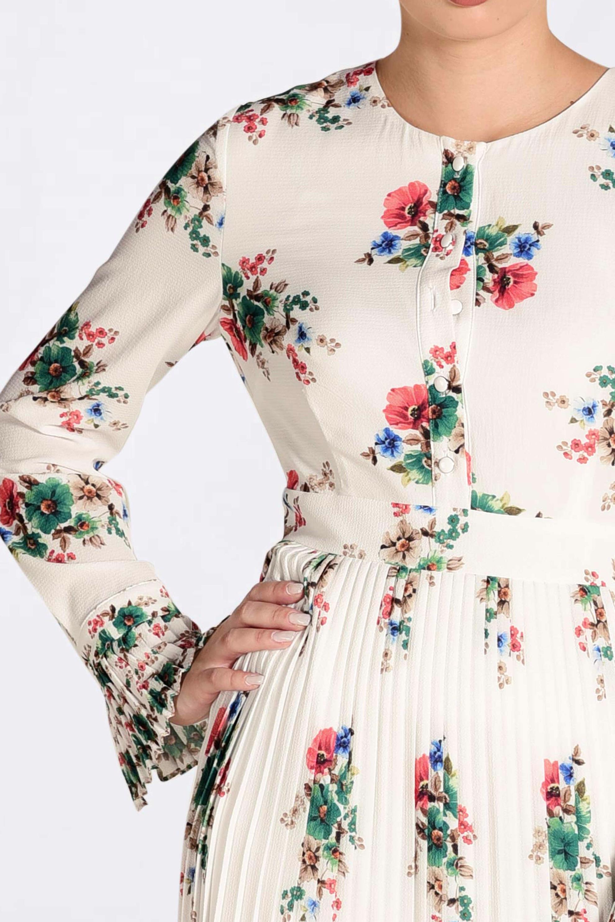 Tesettür giyim YEŞİL ÇİÇEK DESENLİ PİLİSELİ ELBİSE 4342