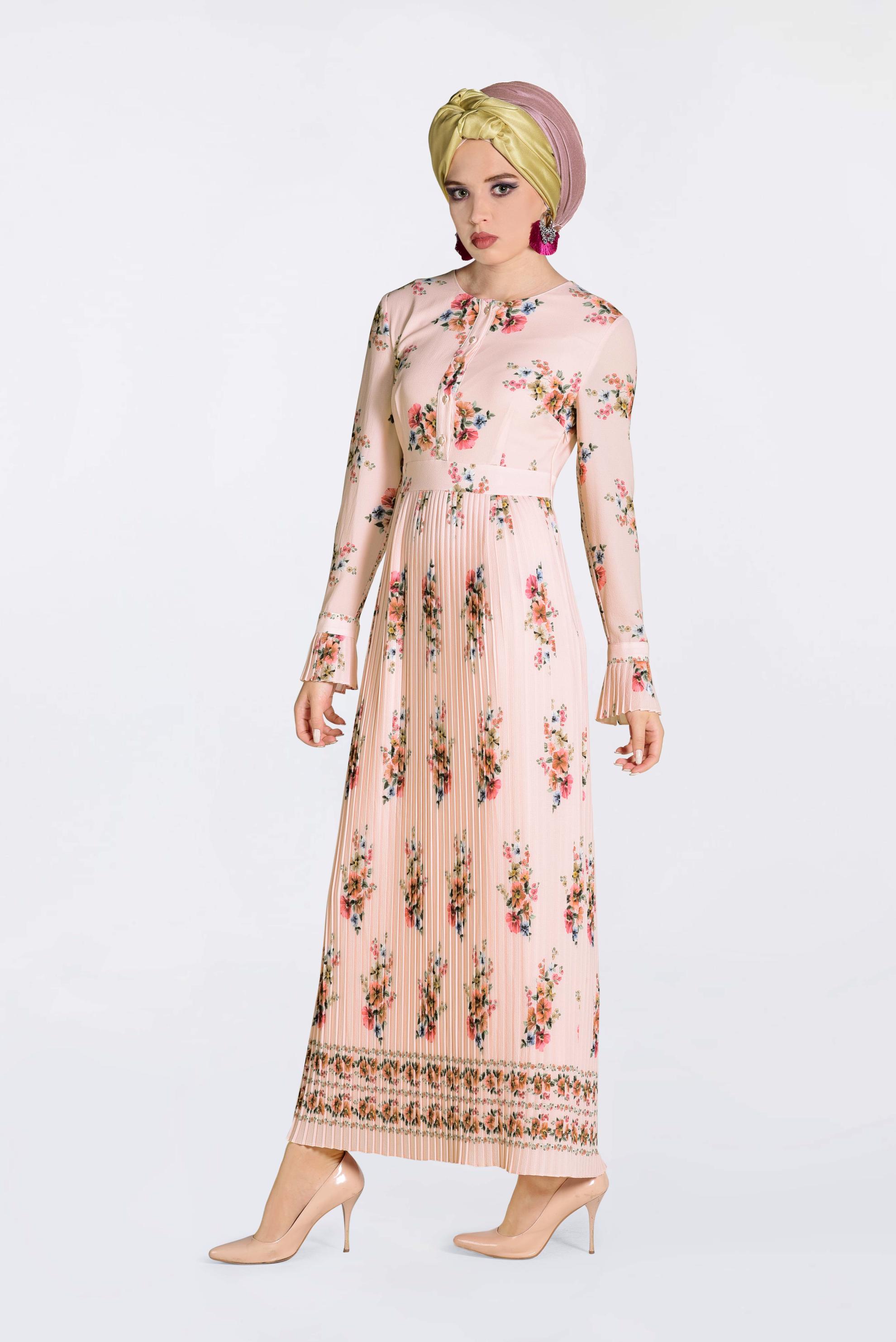 Tesettür giyim PUDRA ÇİÇEK DESENLİ PİLİSELİ ELBİSE 4342