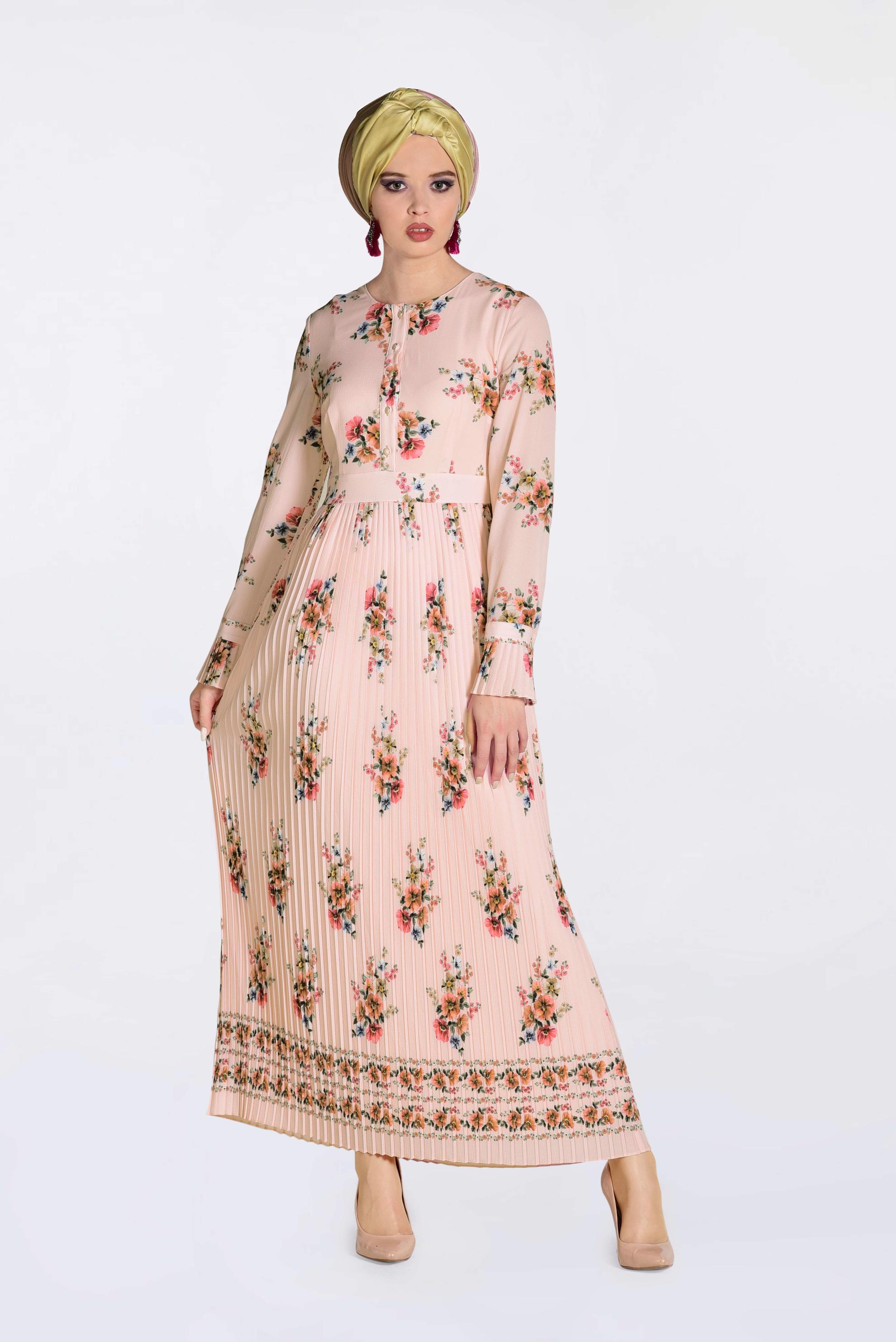 Tesettür giyim PUDRA ÇİÇEK DESENLİ PİLİSELİ ELBİSE 4342