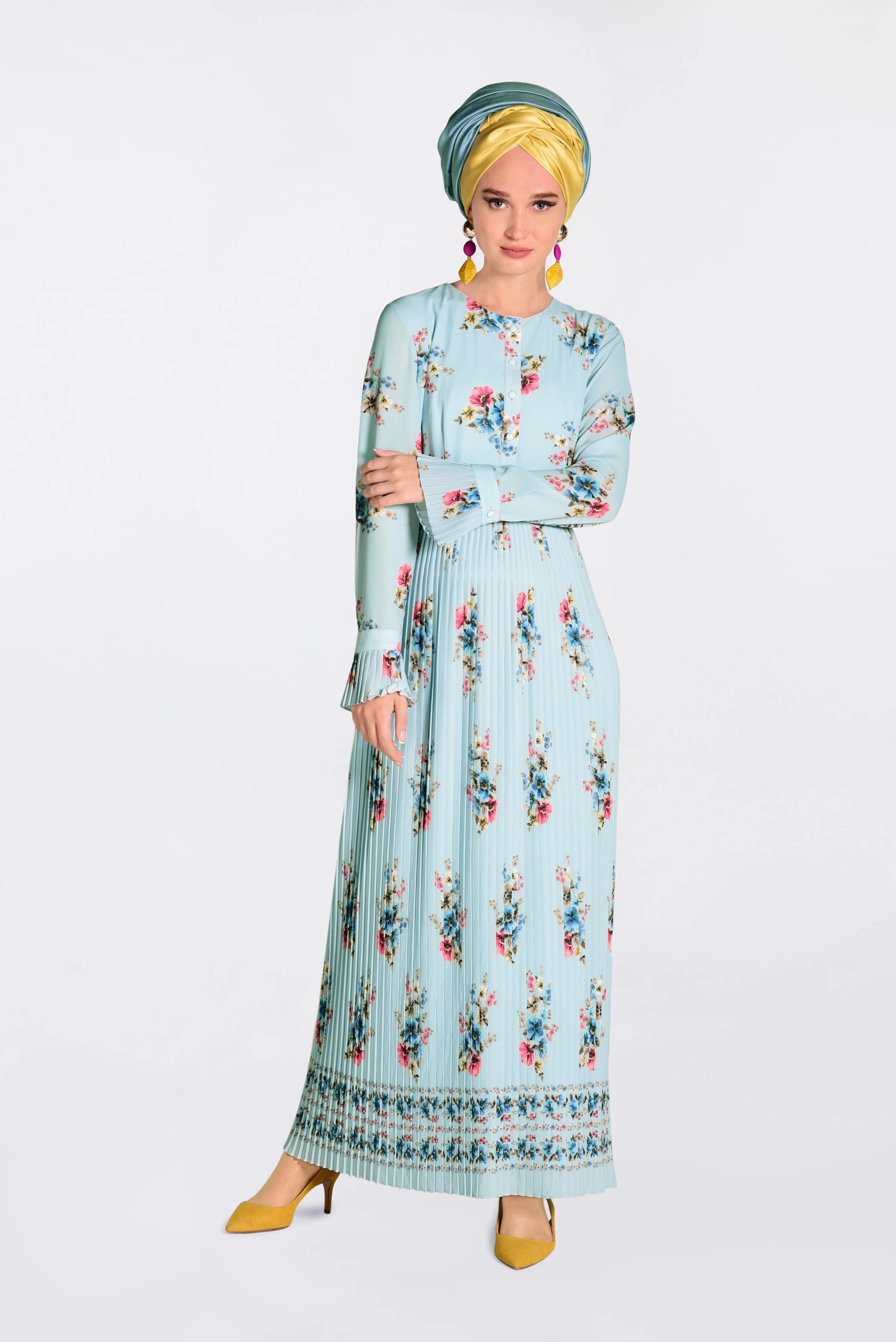 Tesettür giyim MAVİ ÇİÇEK DESENLİ PİLİSELİ ELBİSE 4342