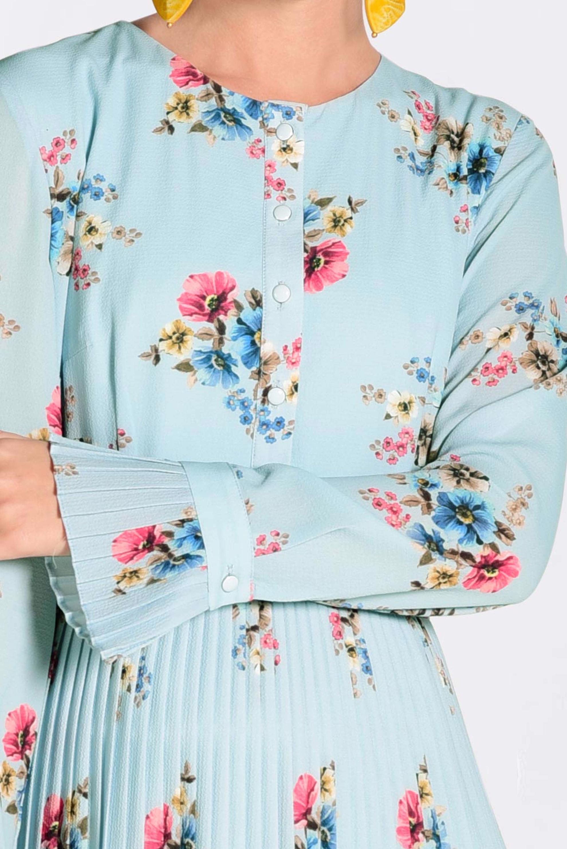 Tesettür giyim MAVİ ÇİÇEK DESENLİ PİLİSELİ ELBİSE 4342