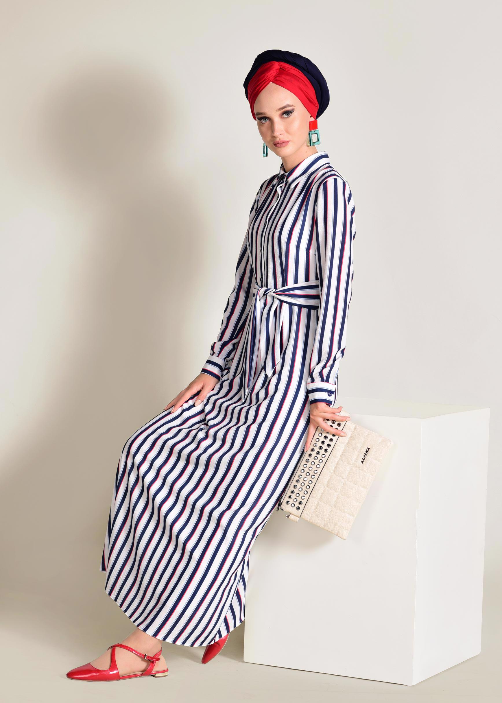 Tesettür giyim LACİVERT ÇİZGİLİ BAĞCIKLI ELBİSE 4355