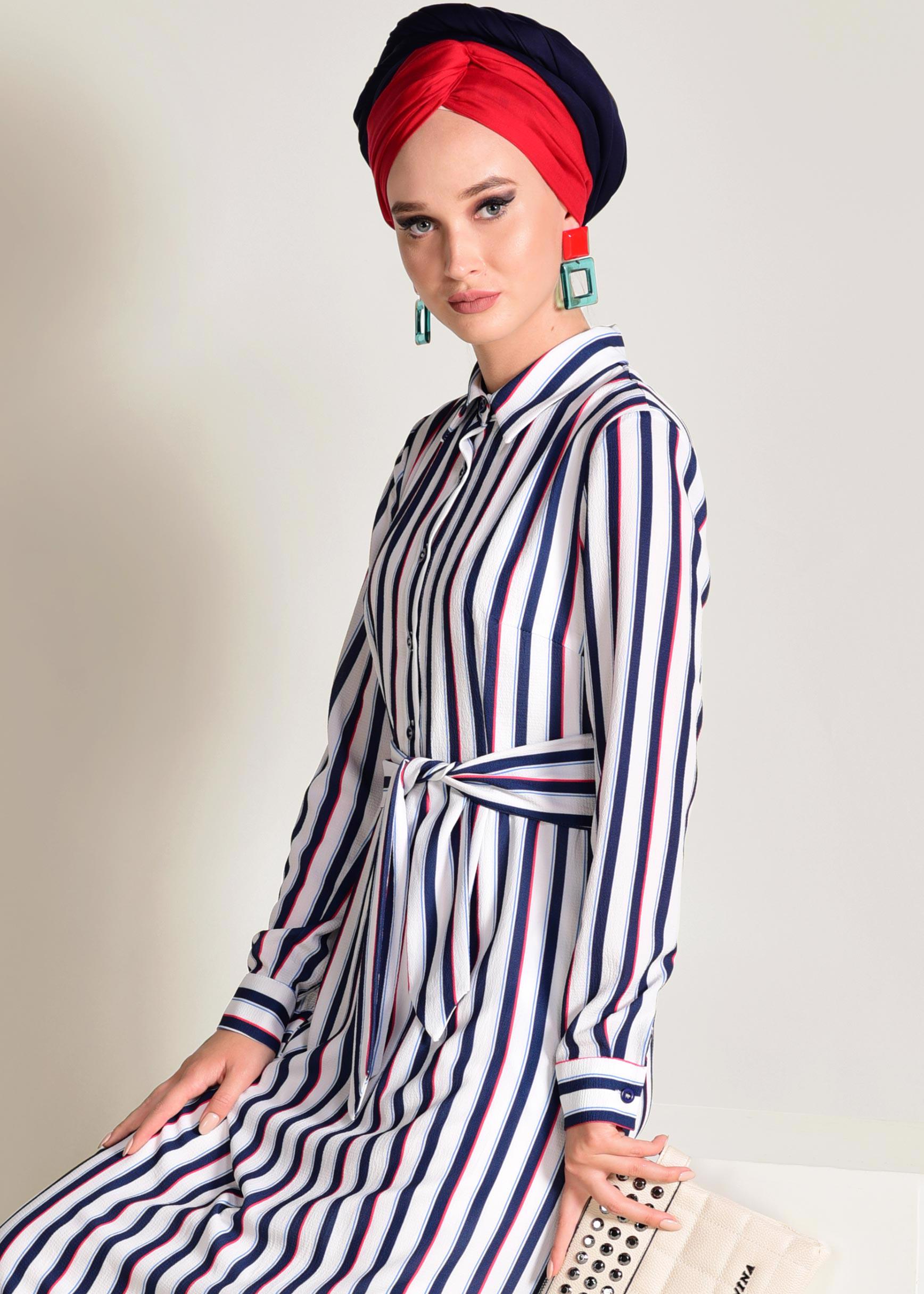 Tesettür giyim LACİVERT ÇİZGİLİ BAĞCIKLI ELBİSE 4355