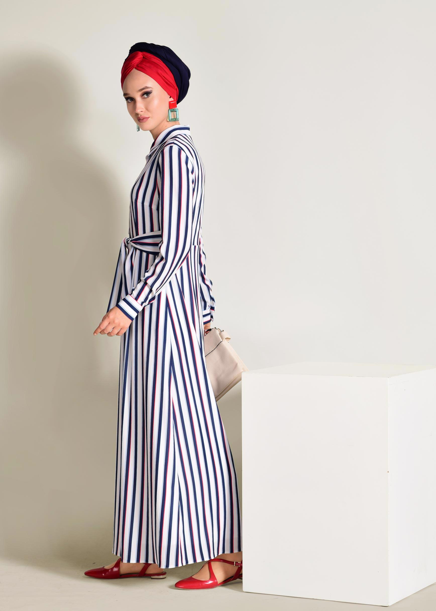 Tesettür giyim LACİVERT ÇİZGİLİ BAĞCIKLI ELBİSE 4355