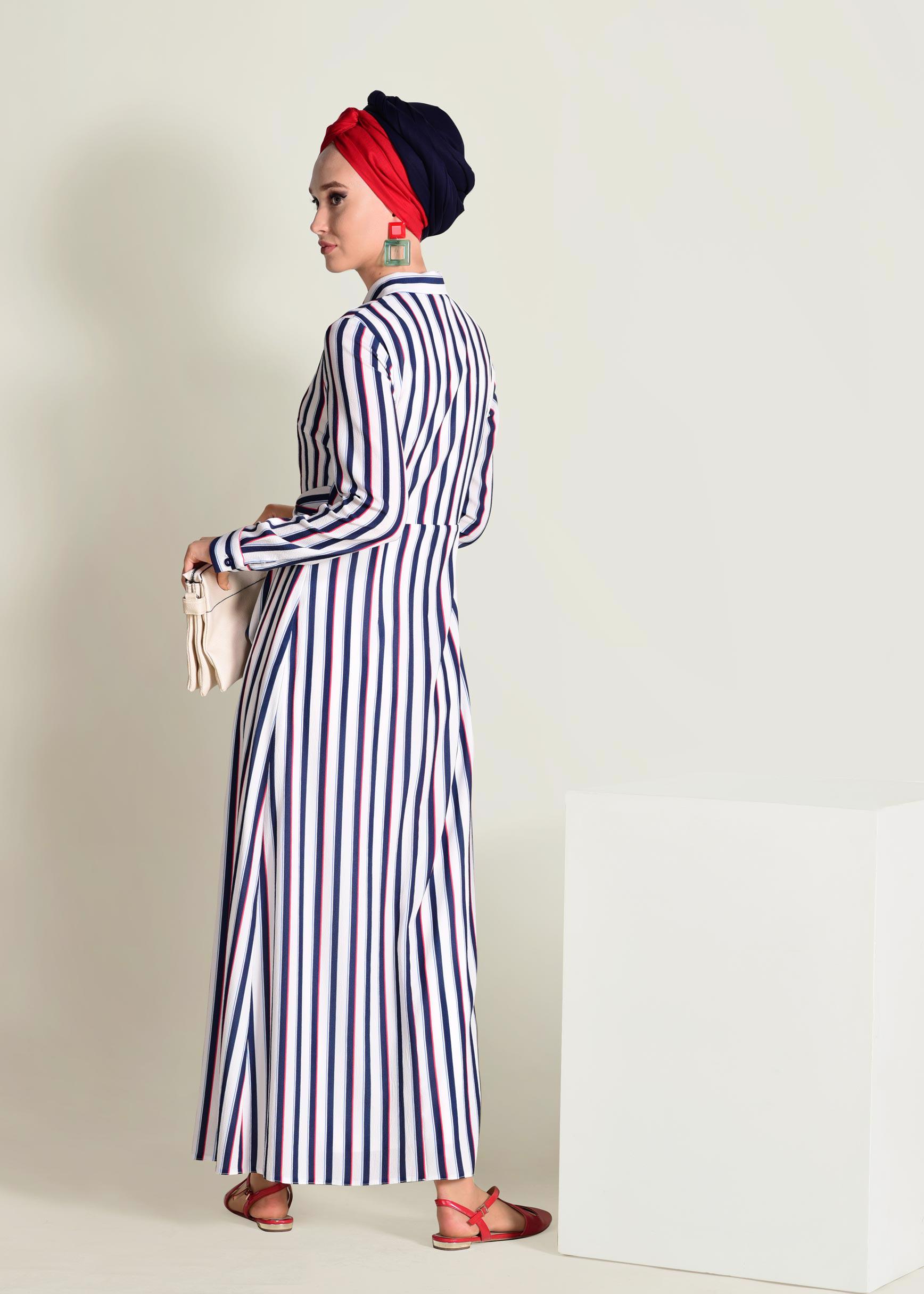 Tesettür giyim LACİVERT ÇİZGİLİ BAĞCIKLI ELBİSE 4355