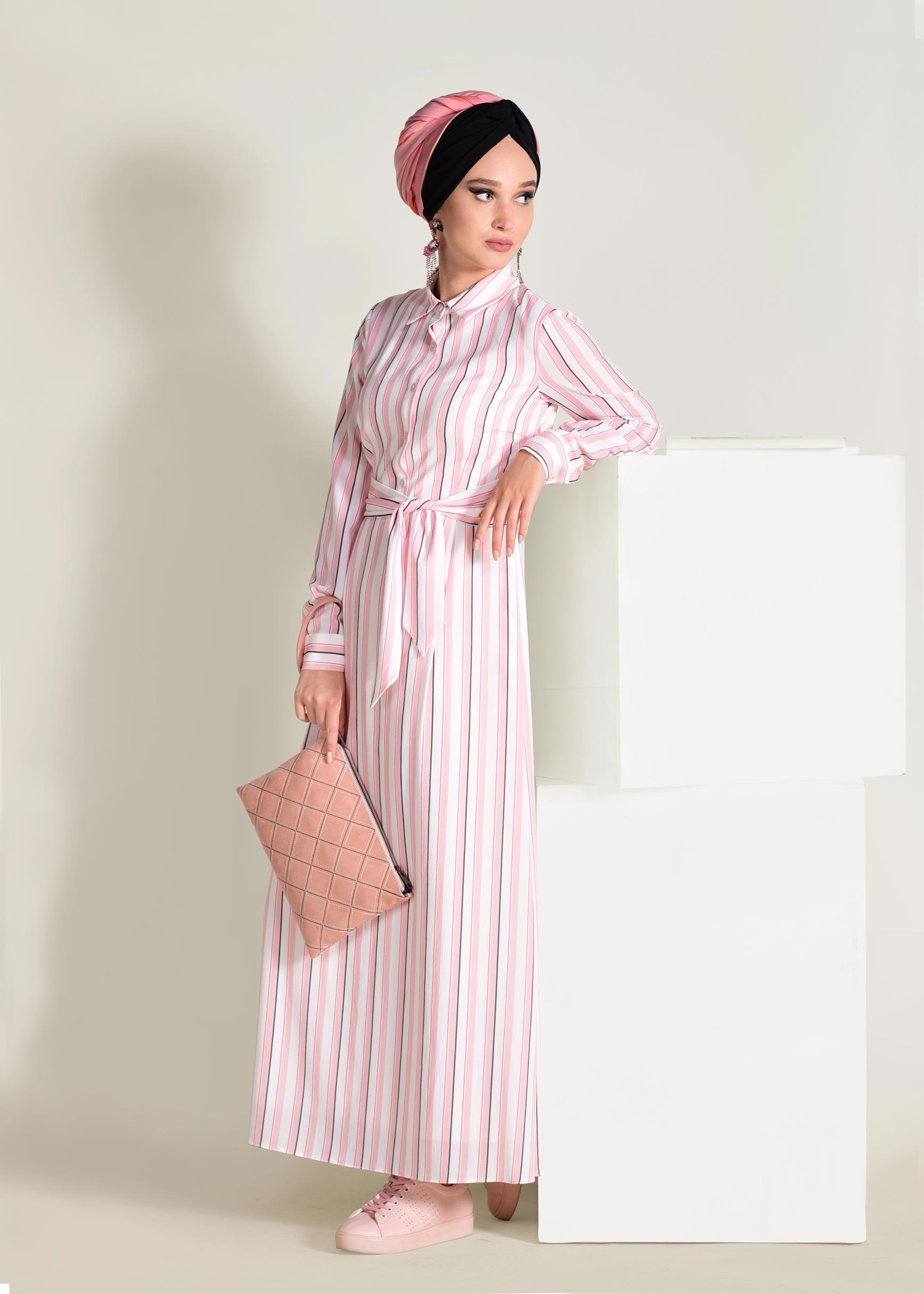 Tesettür giyim PUDRA ÇİZGİLİ BAĞCIKLI ELBİSE 4355